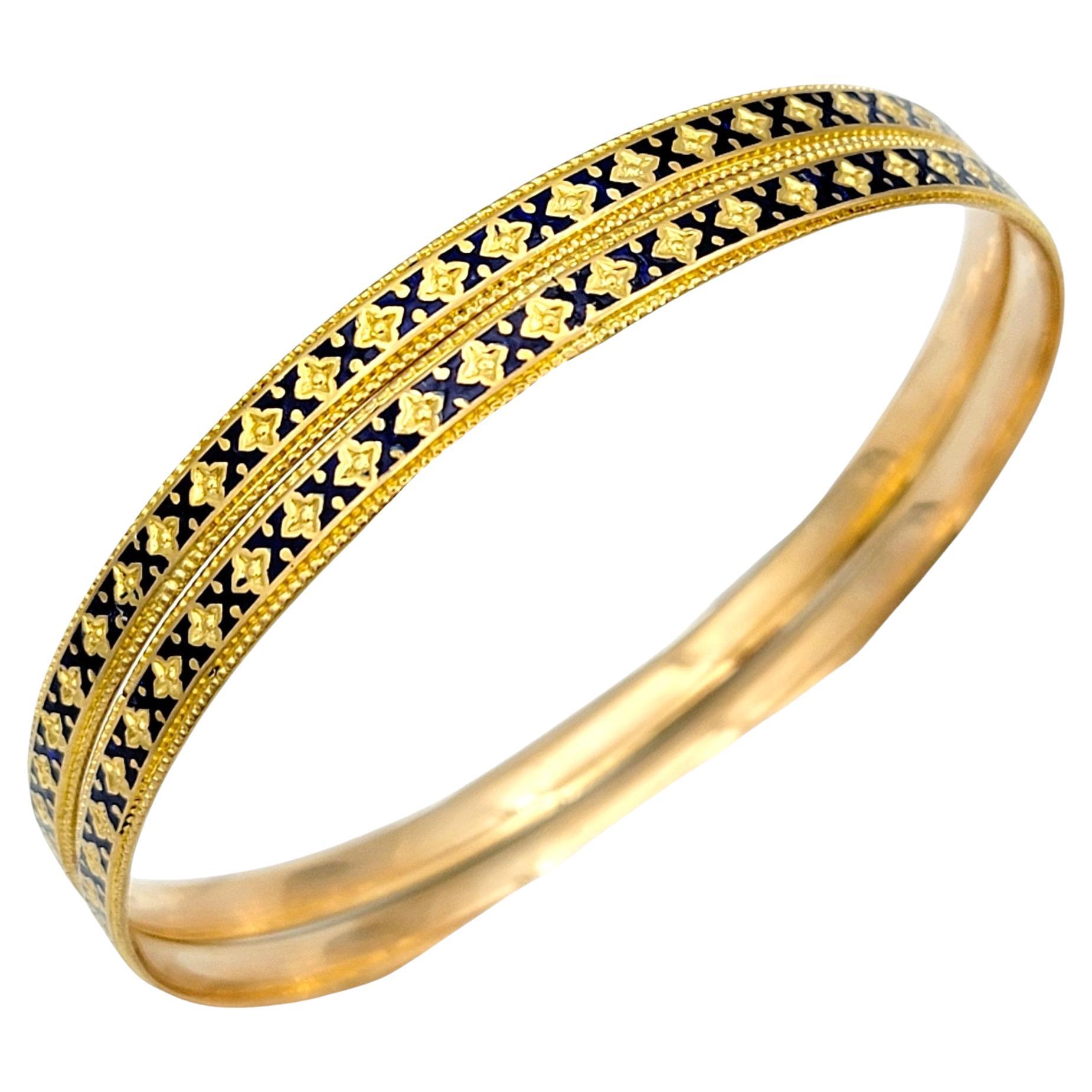 Set of 2 Stacking Bangle Bracelets Blue Enamel 'X' Design 22 Karat Yellow Gold For Sale