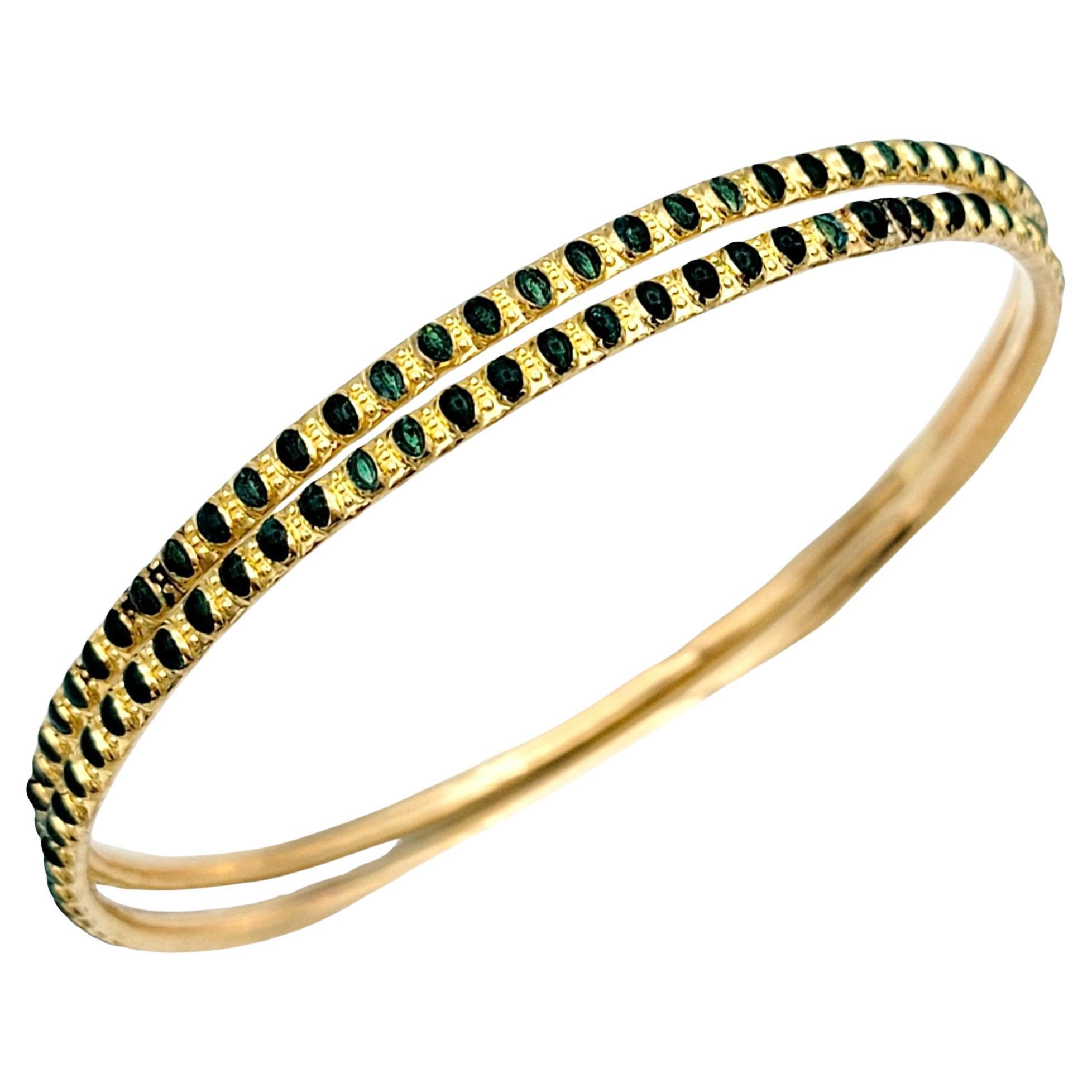 Set of 2 Stacking Bangle Bracelets Green Enamel Dot Design 22 Karat Yellow Gold