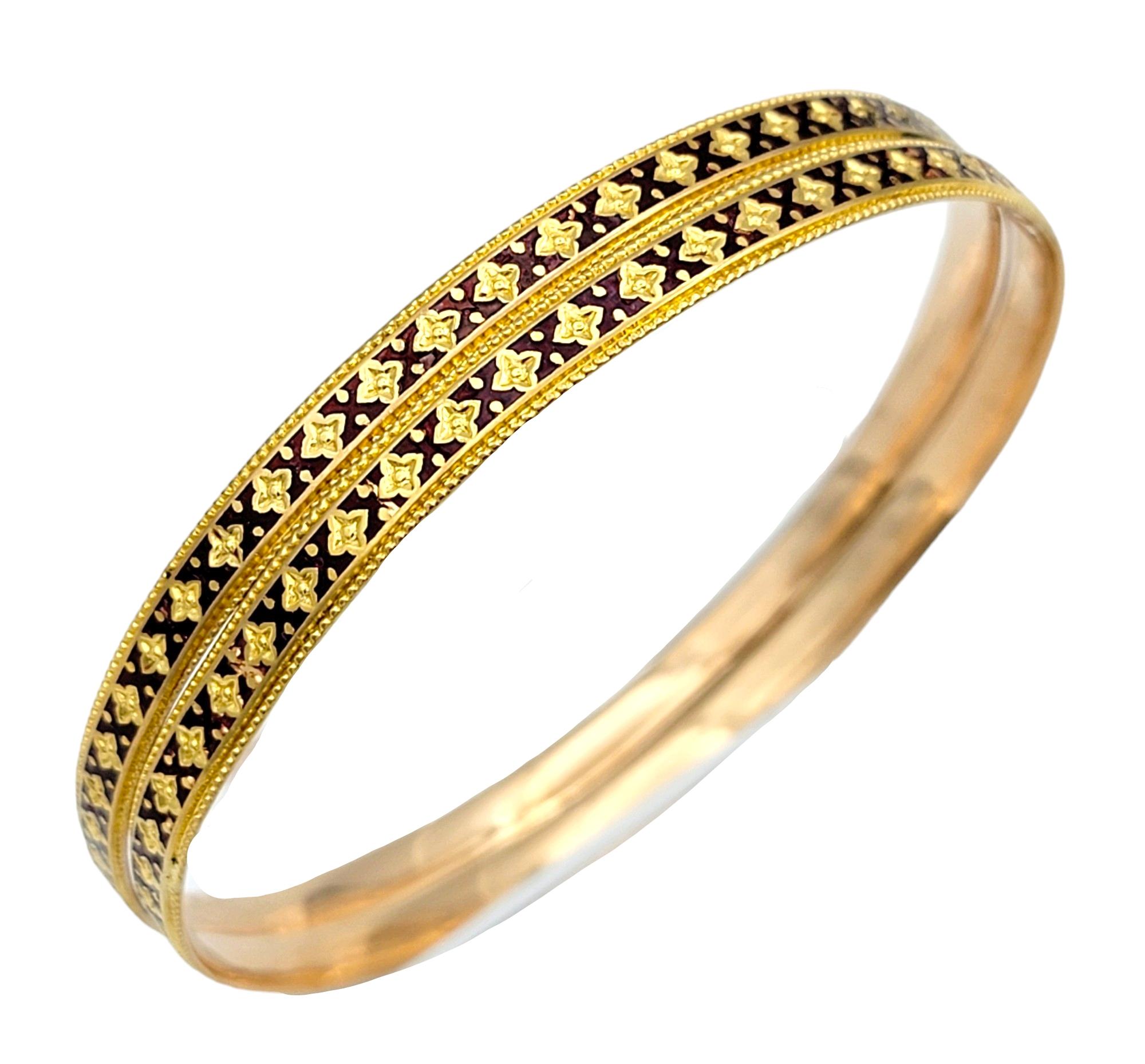 Introducing a stunning set of 2 stacking bangle bracelets, crafted in luxurious 22 karat yellow gold, offering a timeless blend of elegance and versatility. Each bracelet features a delicate gold milgrain edging that adds a touch of refinement and