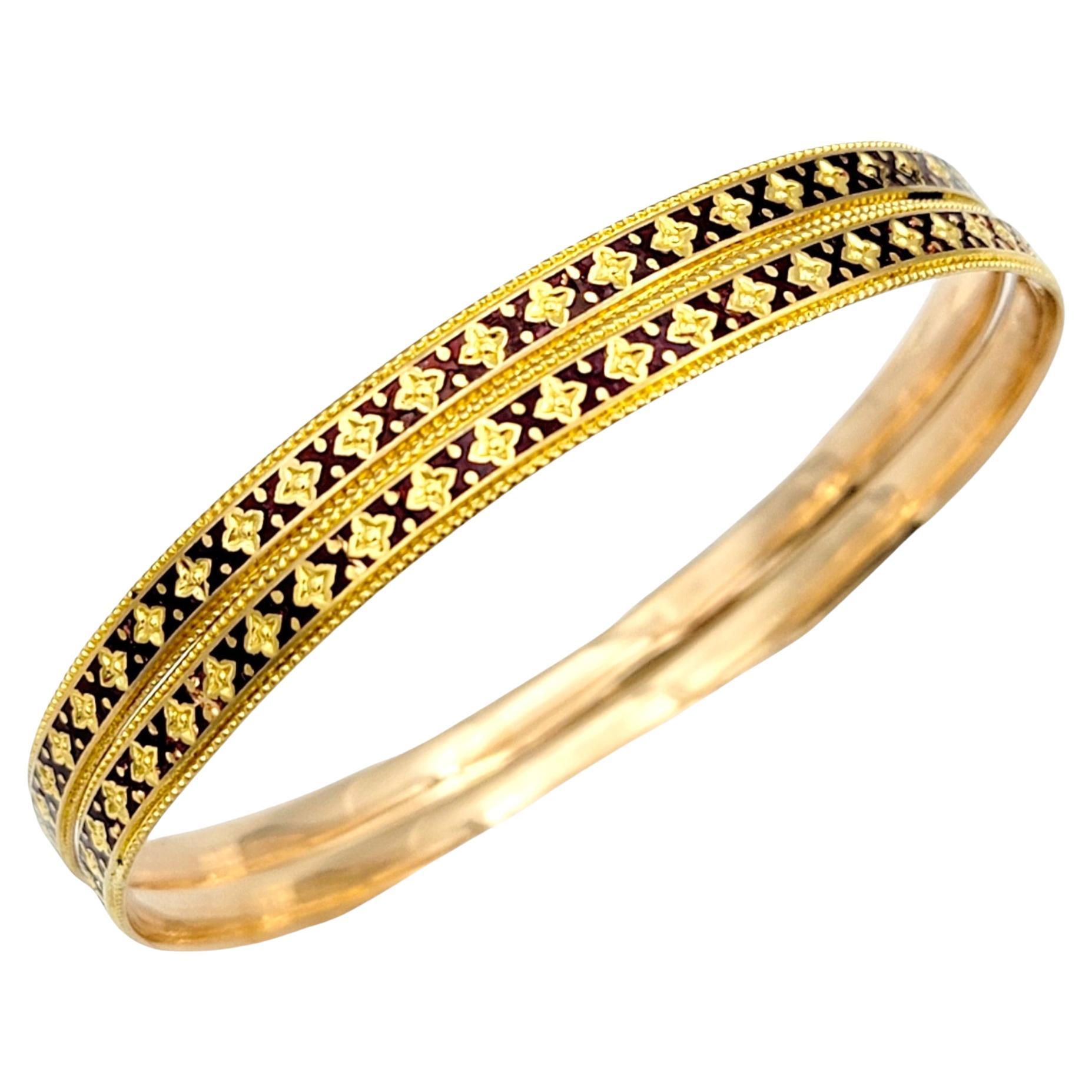 Set of 2 Stacking Bangle Bracelets Red Enamel 'X' Design 22 Karat Yellow Gold For Sale