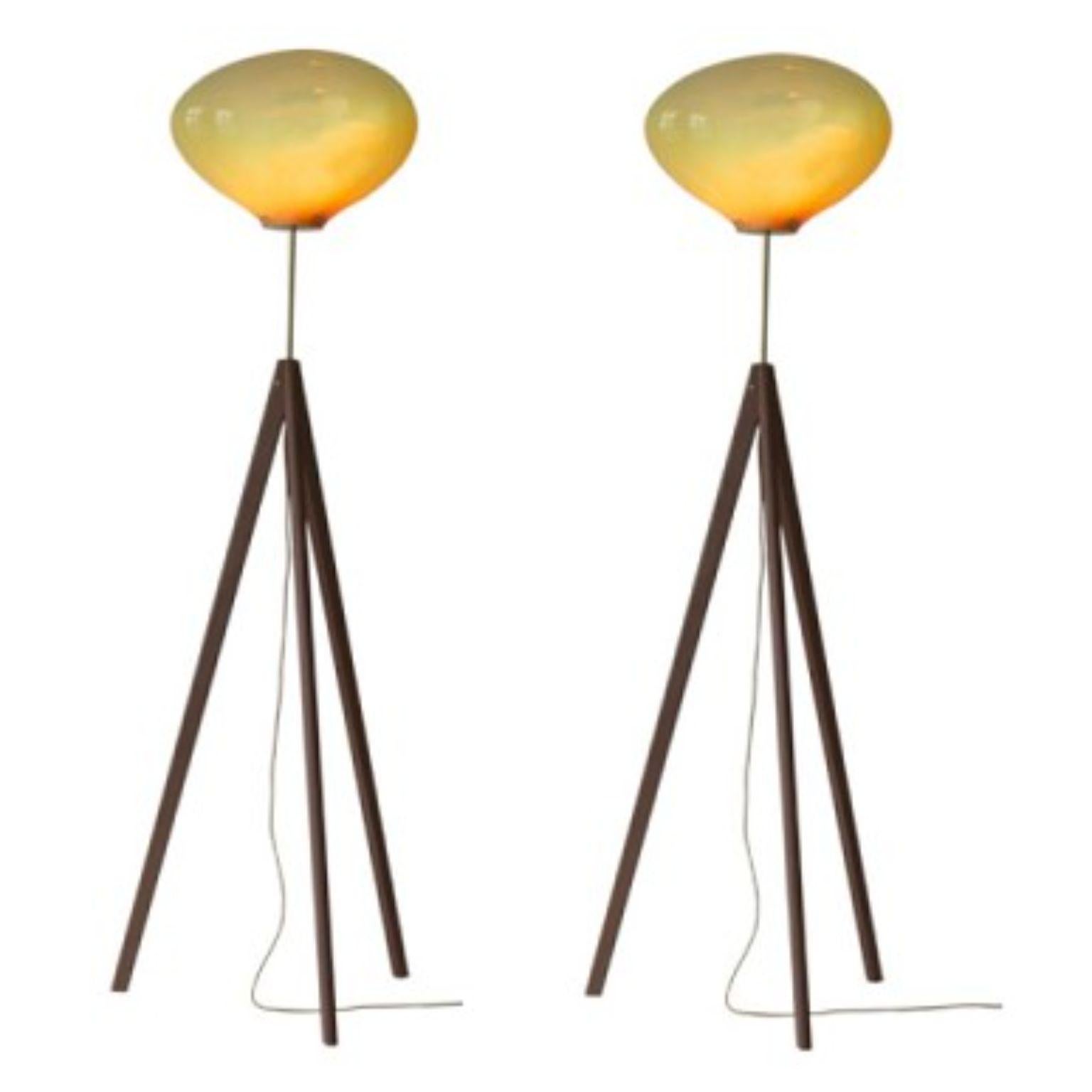 Set of 2 Stati X Amber Iridescent Floor Lamps by ELOA
Material: Glass, Steel, Silver, LED Bulb, Brass, Walnut,Oak
Dimensions: D62 x W62 x H180 cm
Also Available in different colours and dimensions.

All our lamps can be wired according to each