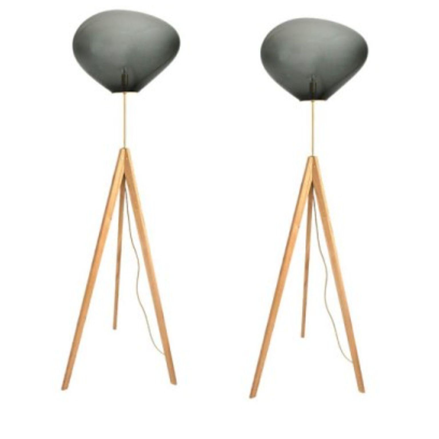 Set of 2 stati x silver smoke floor lamps by Eloa.
No UL listed 
Material: glass, steel, silver, led bulb, brass, walnut, oak
Dimensions: D60 x W60 x H160 cm
Also available in different colours and dimensions.

All our lamps can be wired according