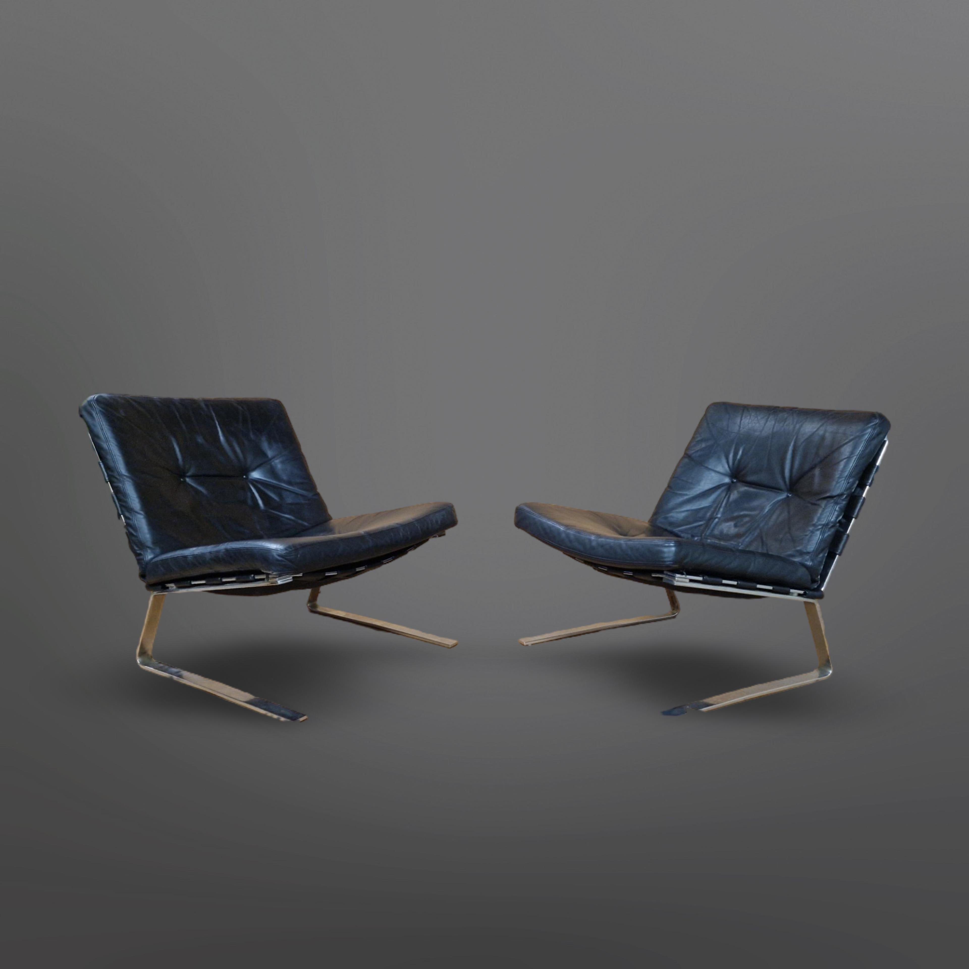 Set of 2 steel and leather lounge chairs, Germany 1960s 4