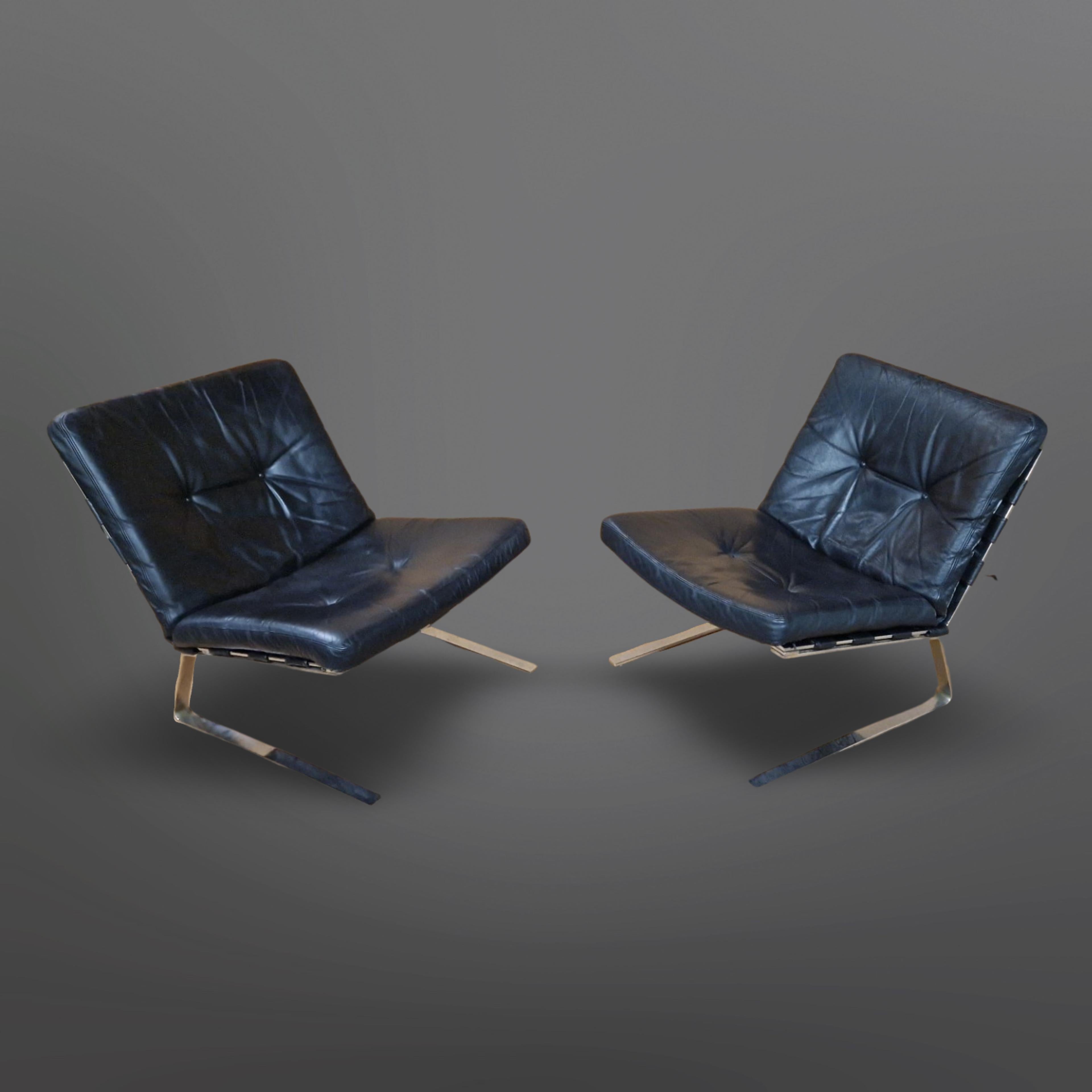 Set of 2 steel and leather lounge chairs, Germany 1960s In Good Condition In ECHT, NL