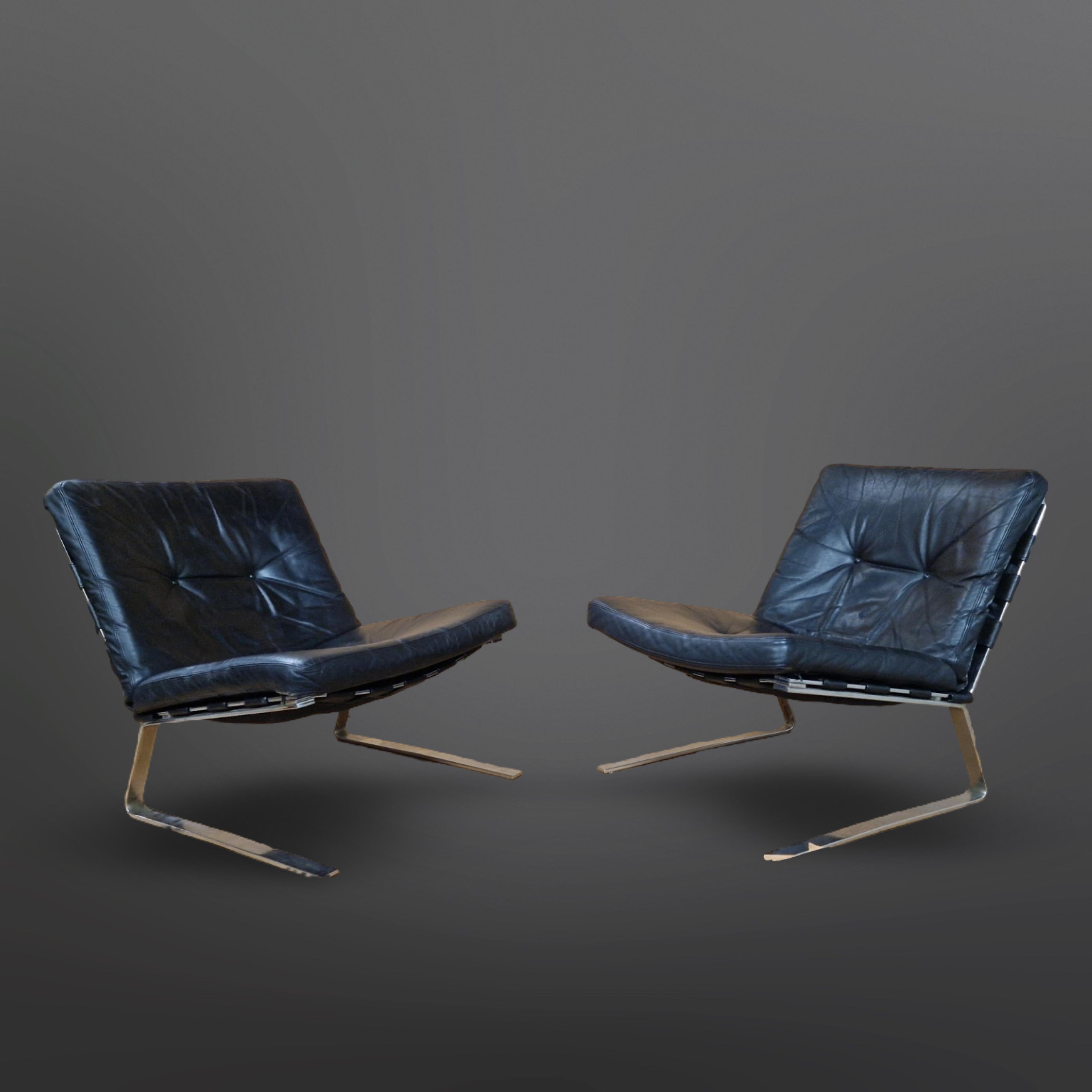 20th Century Set of 2 steel and leather lounge chairs, Germany 1960s