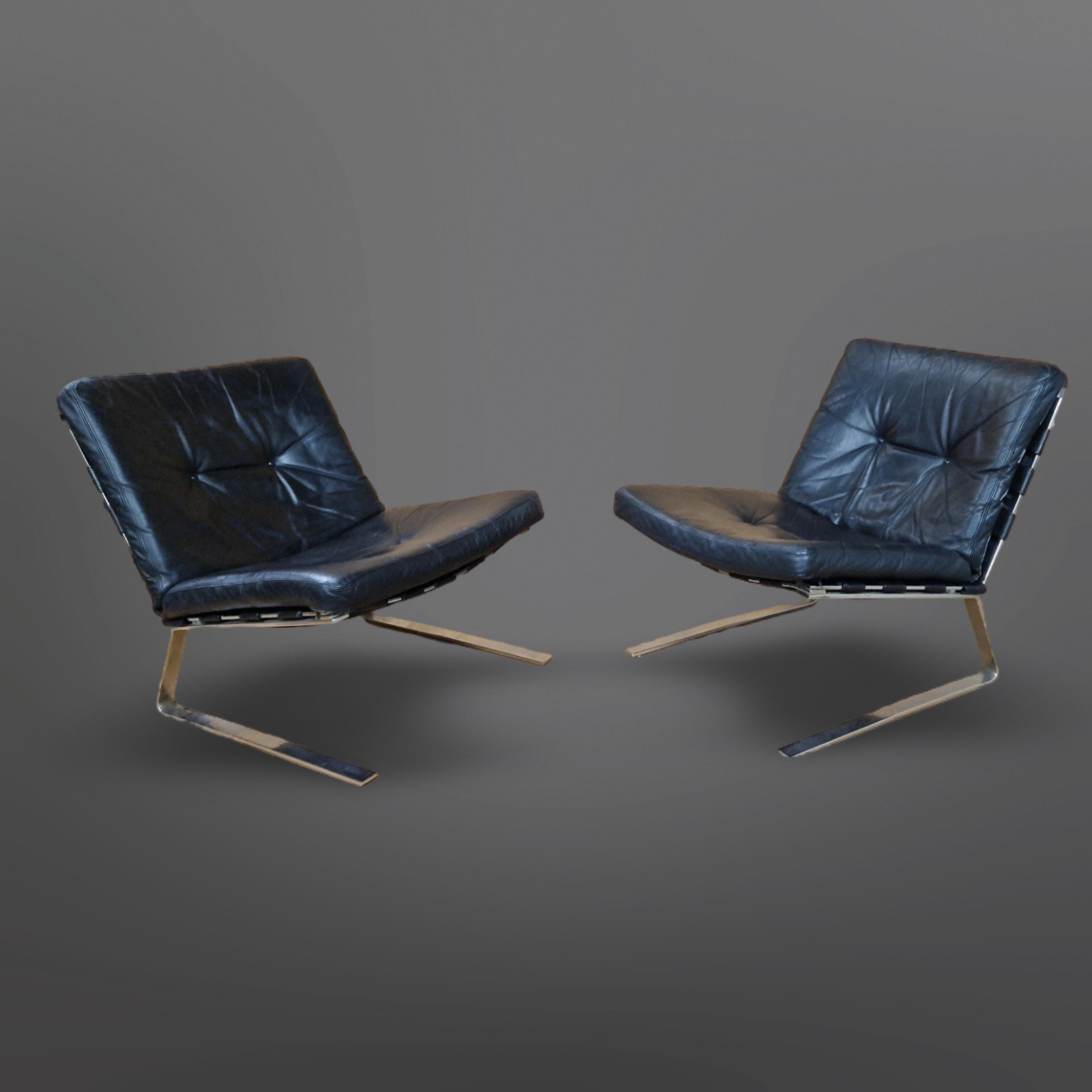 Steel Set of 2 steel and leather lounge chairs, Germany 1960s