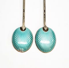 Set of 2 Sterling Silver Coffee Bean and Guilloche Enamel Demitasse Spoons