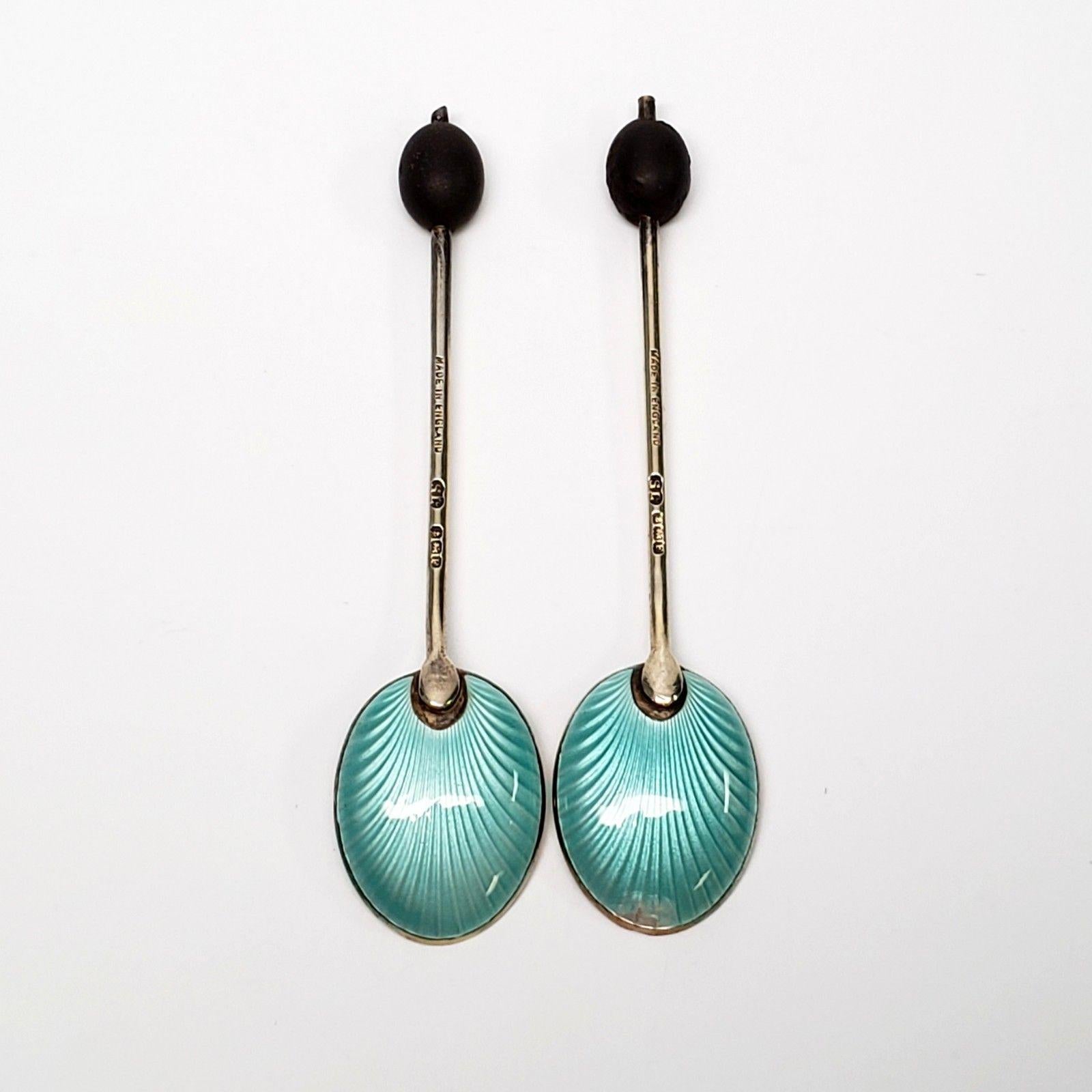Mid-20th Century Set of 2 Sterling Silver Coffee Bean and Guilloche Enamel Demitasse Spoons
