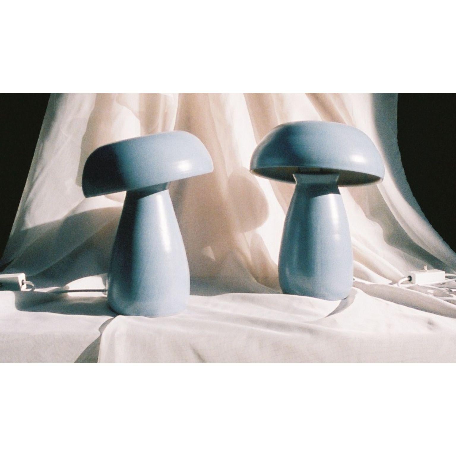 Post-Modern Set of 2 Stone Blue Glaze Satin Small Mushroom Lamps by Nick Pourfard For Sale