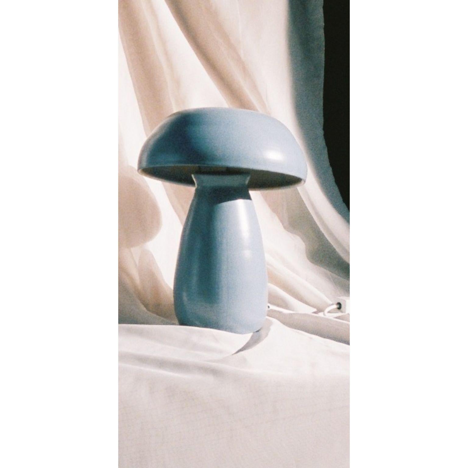 Hand-Crafted Set of 2 Stone Blue Glaze Satin Small Mushroom Lamps by Nick Pourfard For Sale