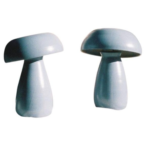 Set of 2 Stone Blue Glaze Satin Small Mushroom Lamps by Nick Pourfard For Sale
