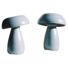 Set of 2 Stone Blue Glaze Satin Small Mushroom Lamps by Nick Pourfard