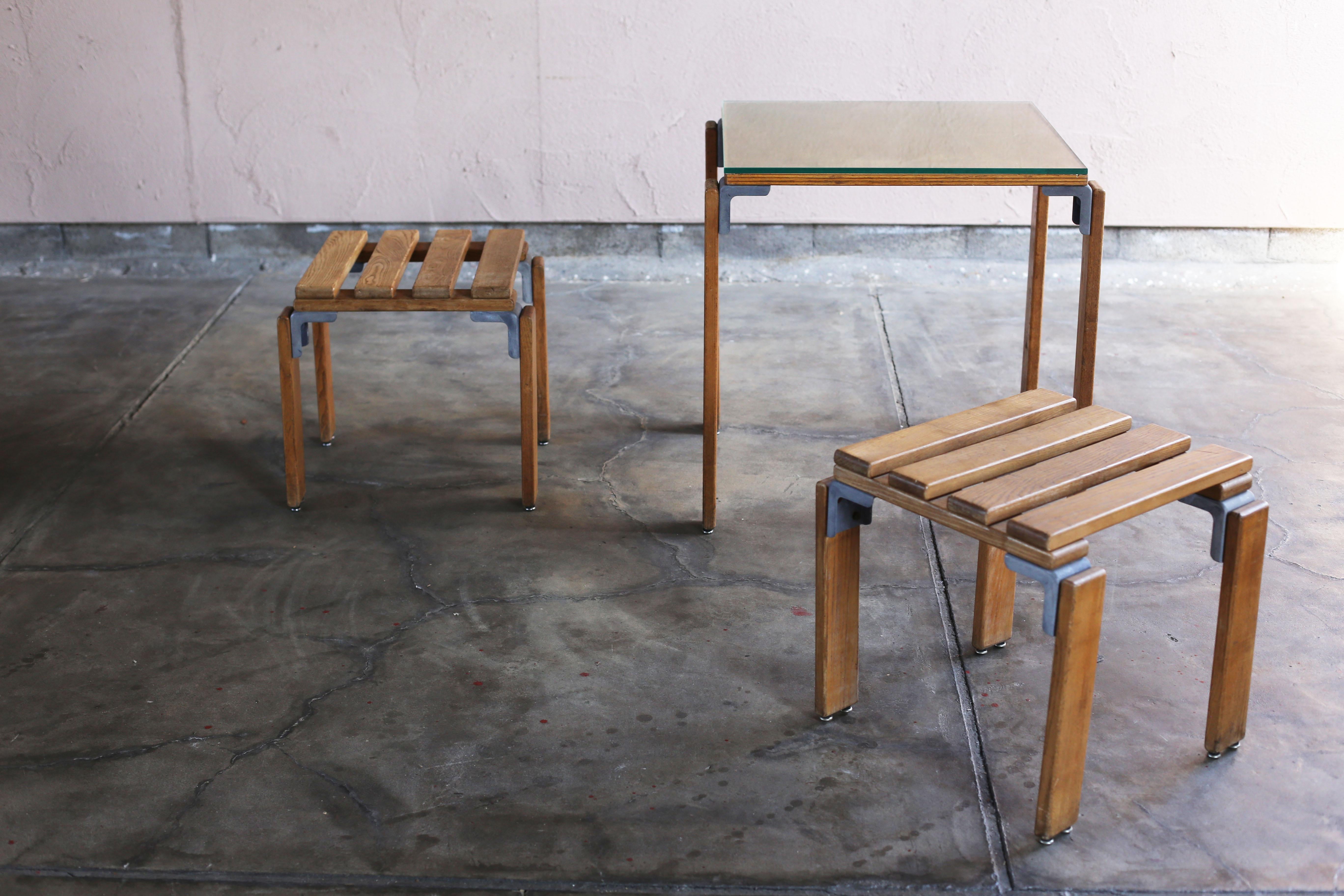 France / circa1969s

Size : Stool :W450 D420 H420 mm ? / Table : W600 D660 H660 mm

Stool and table set by Georges Candilis and Anja Blomstedt. Manufactured in 1969 by Sentou.
It is said to have been designed for Les Carrats, a vacation