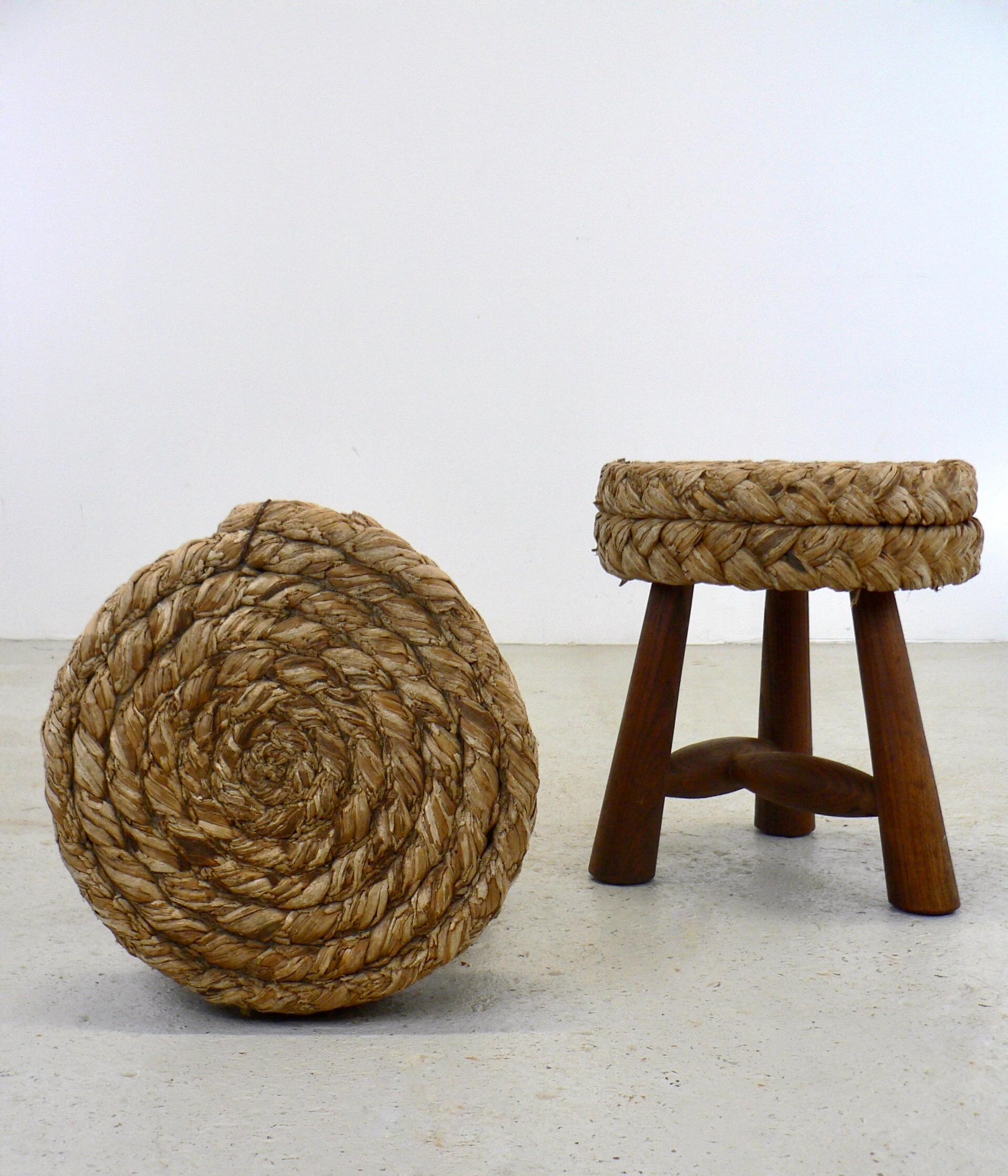Raffia Set of 2 stools designed by Adrien Audoux and Frida Minet - France -1950 For Sale