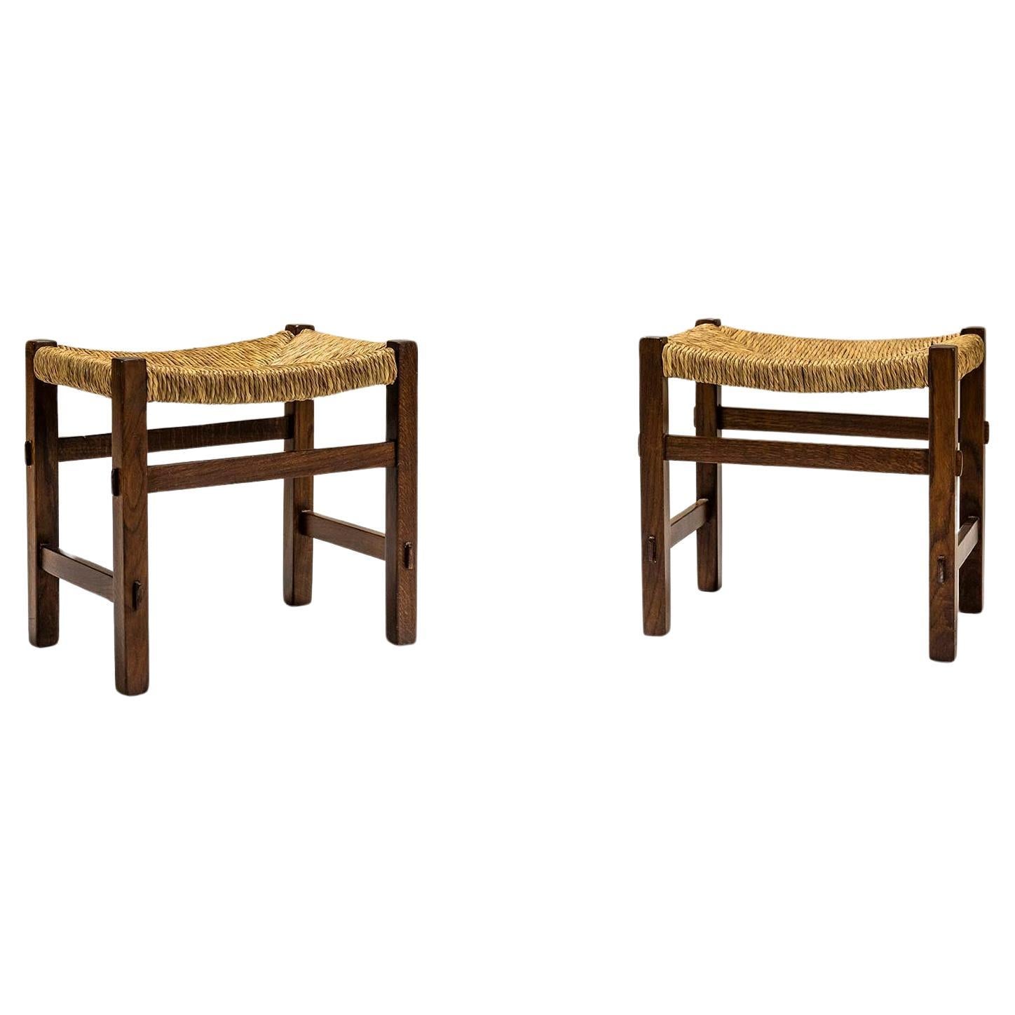 Set Of 2 Stools In Slavonian Oak And Raffia By Officina Rivadossi, Italy 1970's