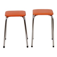 Set of 2 Stools Orange Faux Leather Chrome Base Sixties