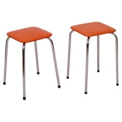 Set of 2 Stools Orange Faux Leather Chrome Base Sixties