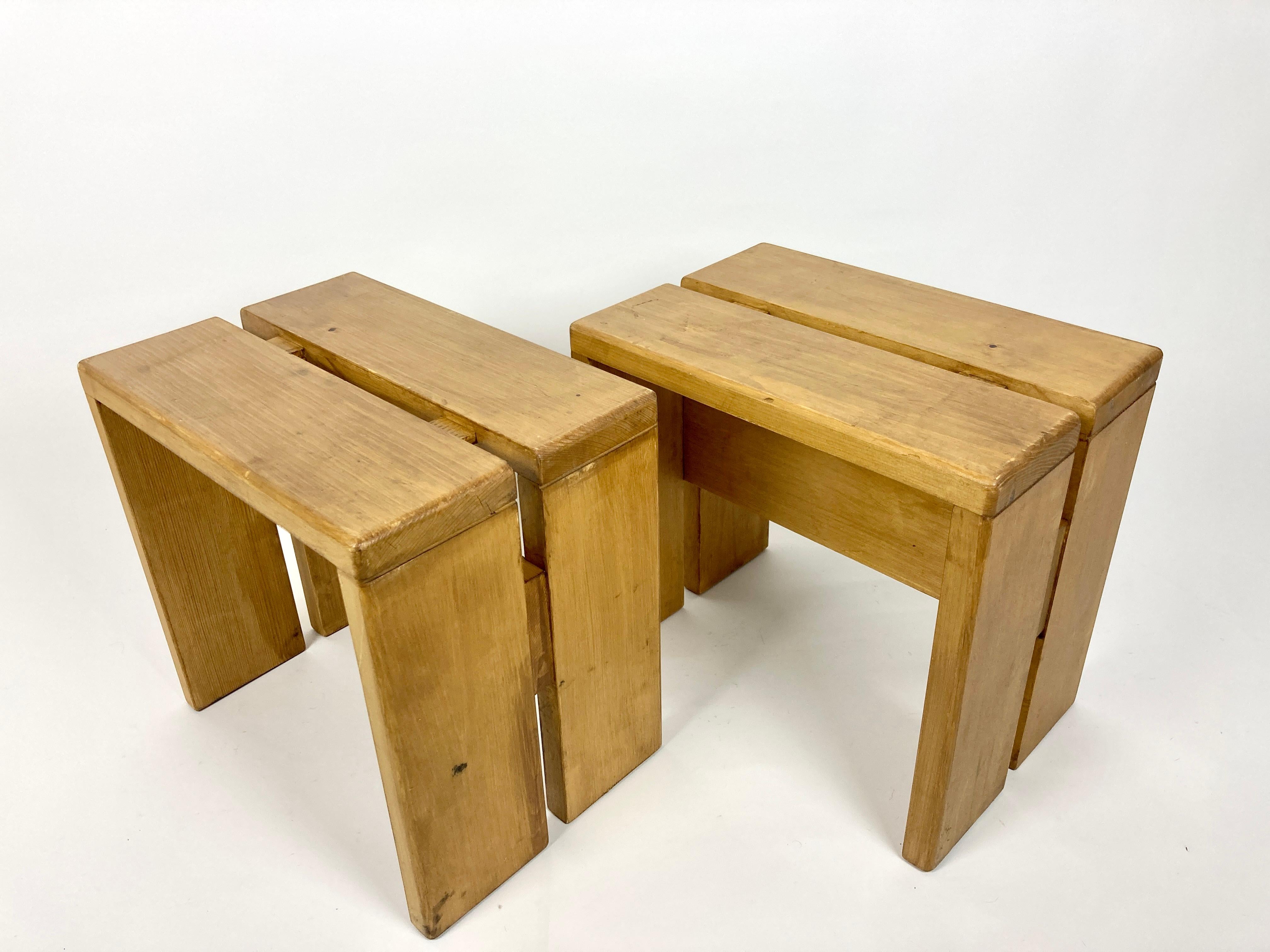Set of 2 Stools/Side Tables from Les Arcs, France 1970s, Charlotte Perriand 6