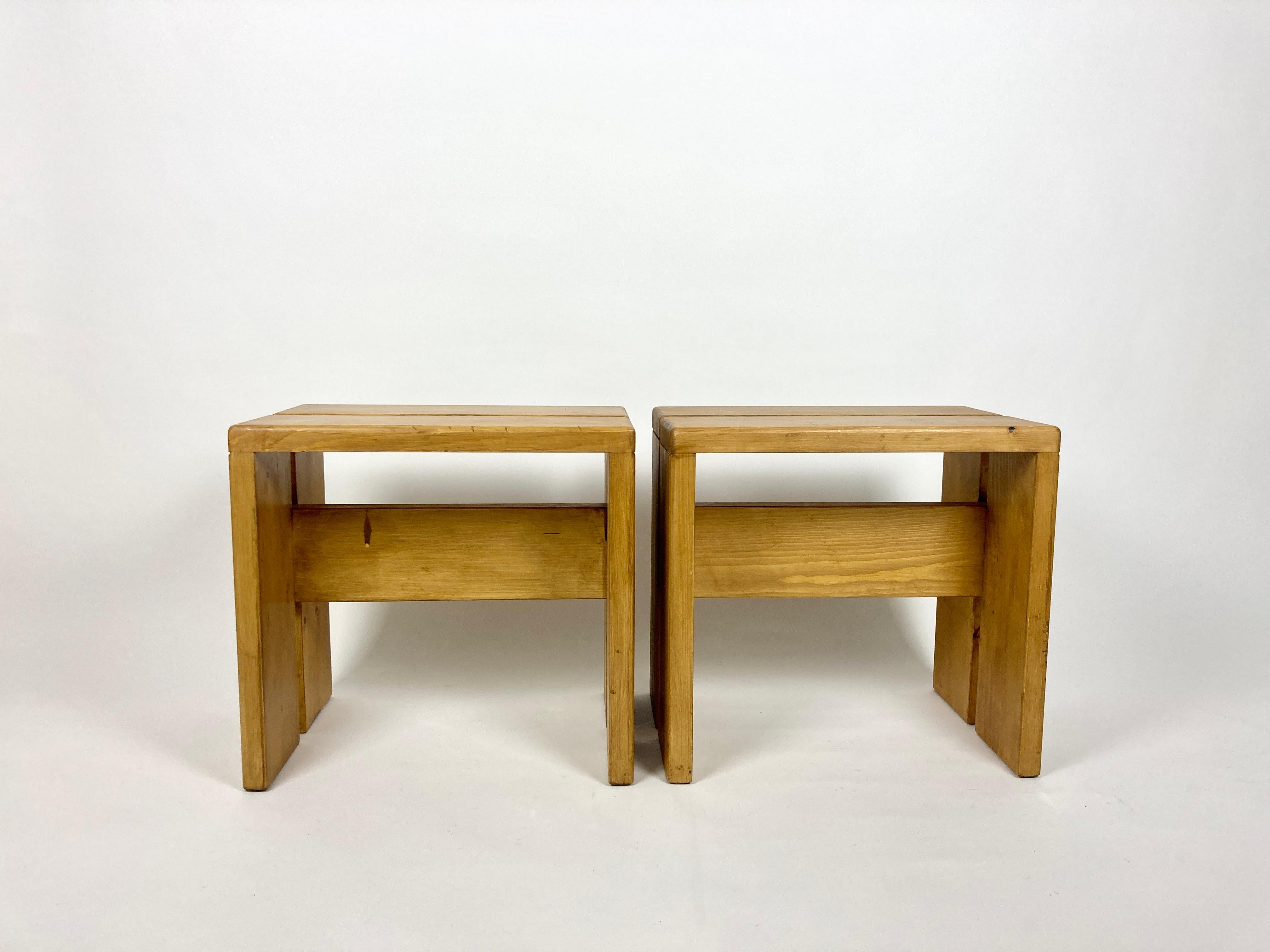 Stool/side tables selected by Charlotte Perriand for the Les Arcs resort. France, 1970s.

Made of pine. No structural damage or old repairs, very solid.

Great original condition with wear and patina as pictured, nice rich wood tone. Cleaned,