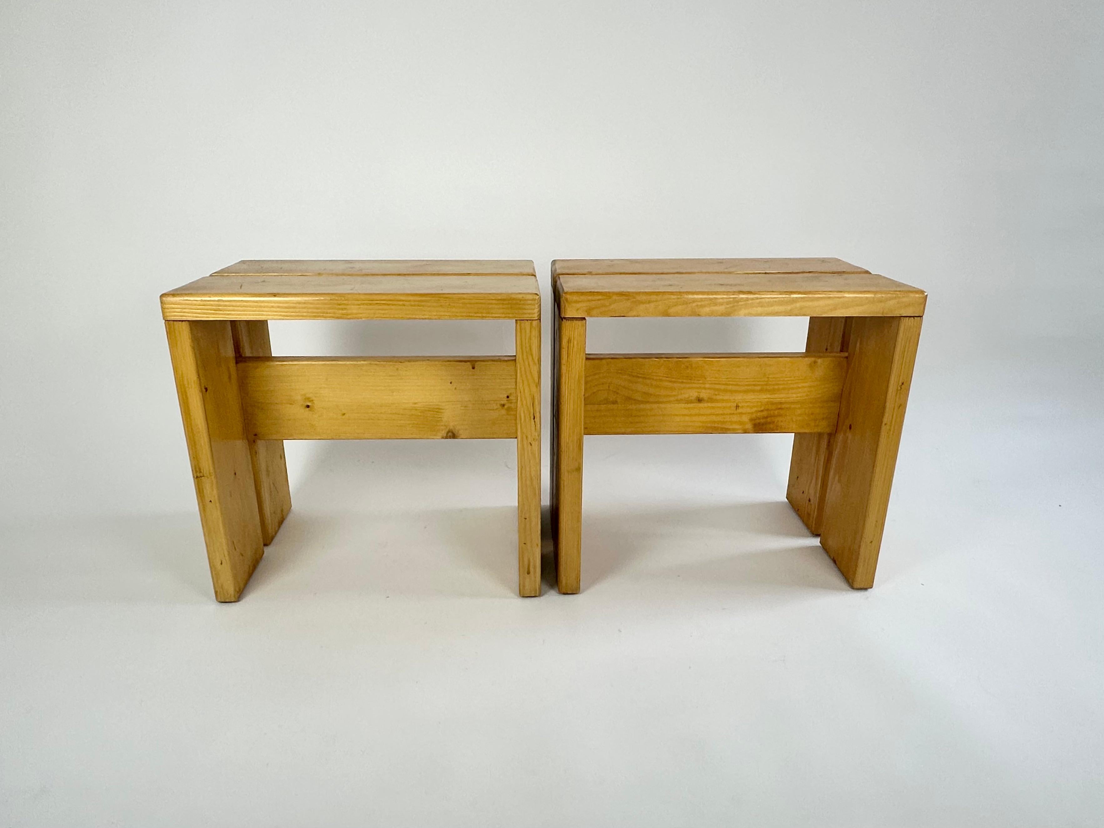 French Set of 2 Stools/Side Tables from Les Arcs, France 1970s, Charlotte Perriand