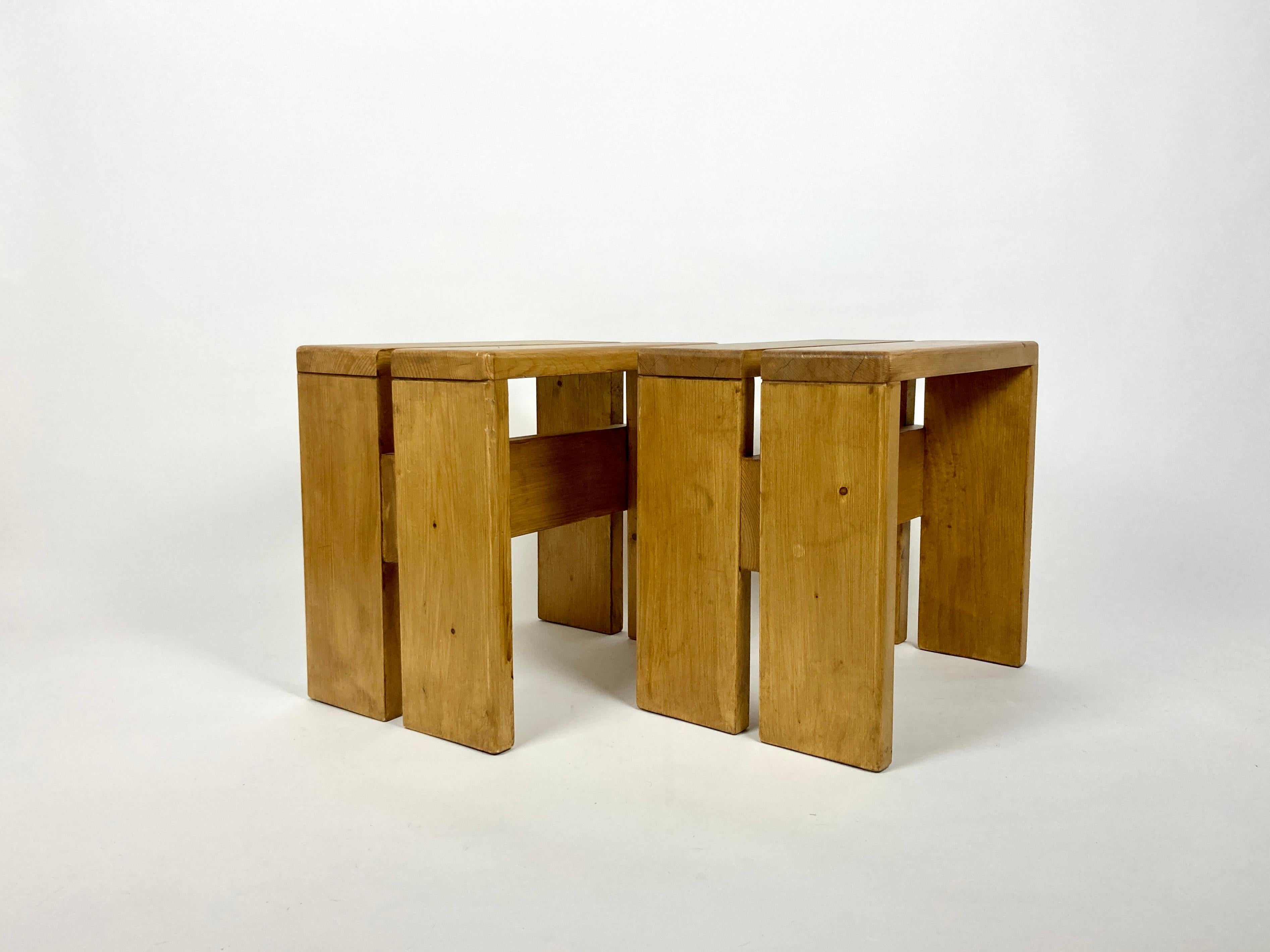 20th Century Set of 2 Stools/Side Tables from Les Arcs, France 1970s, Charlotte Perriand