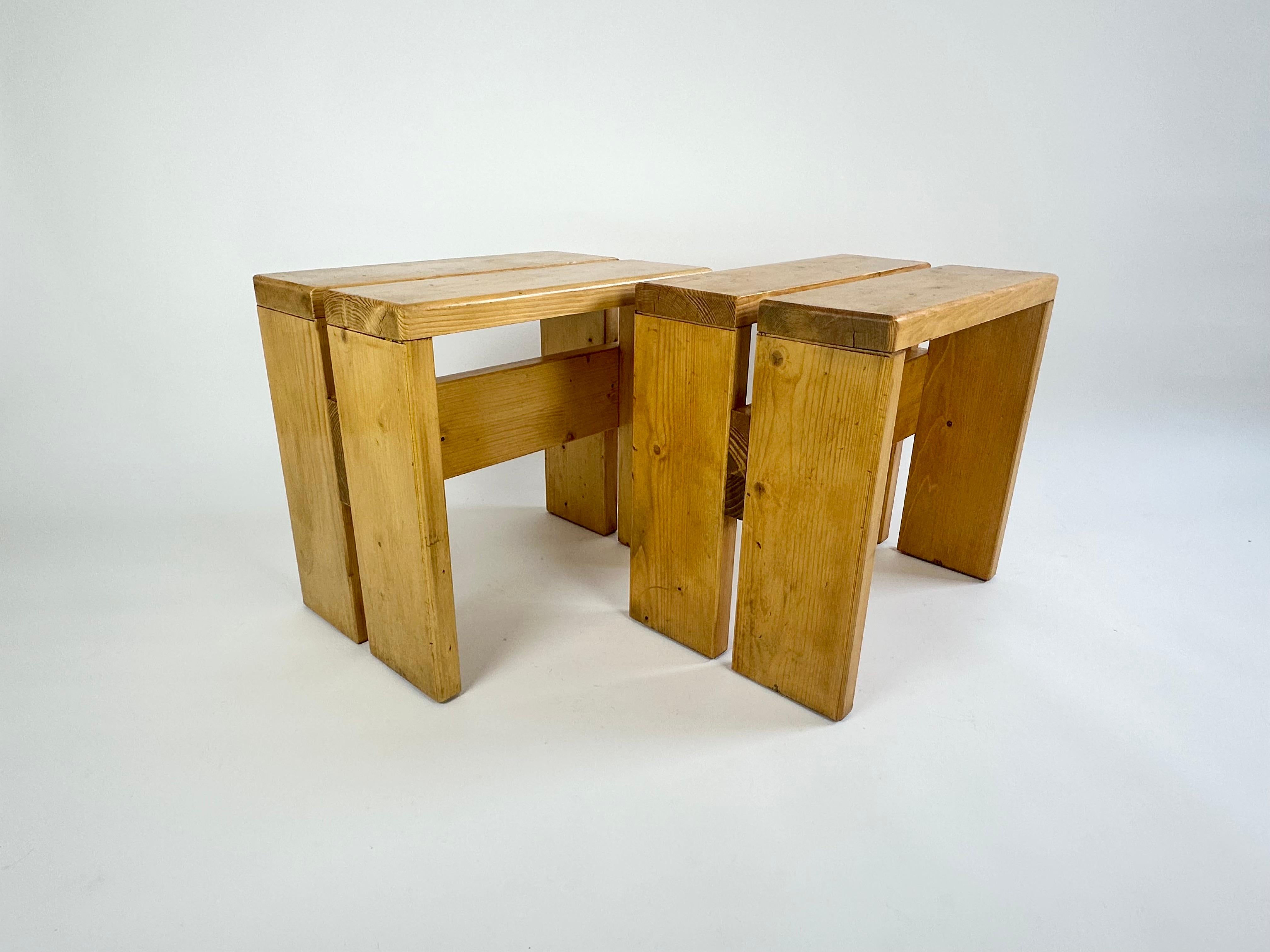 20th Century Set of 2 Stools/Side Tables from Les Arcs, France 1970s, Charlotte Perriand