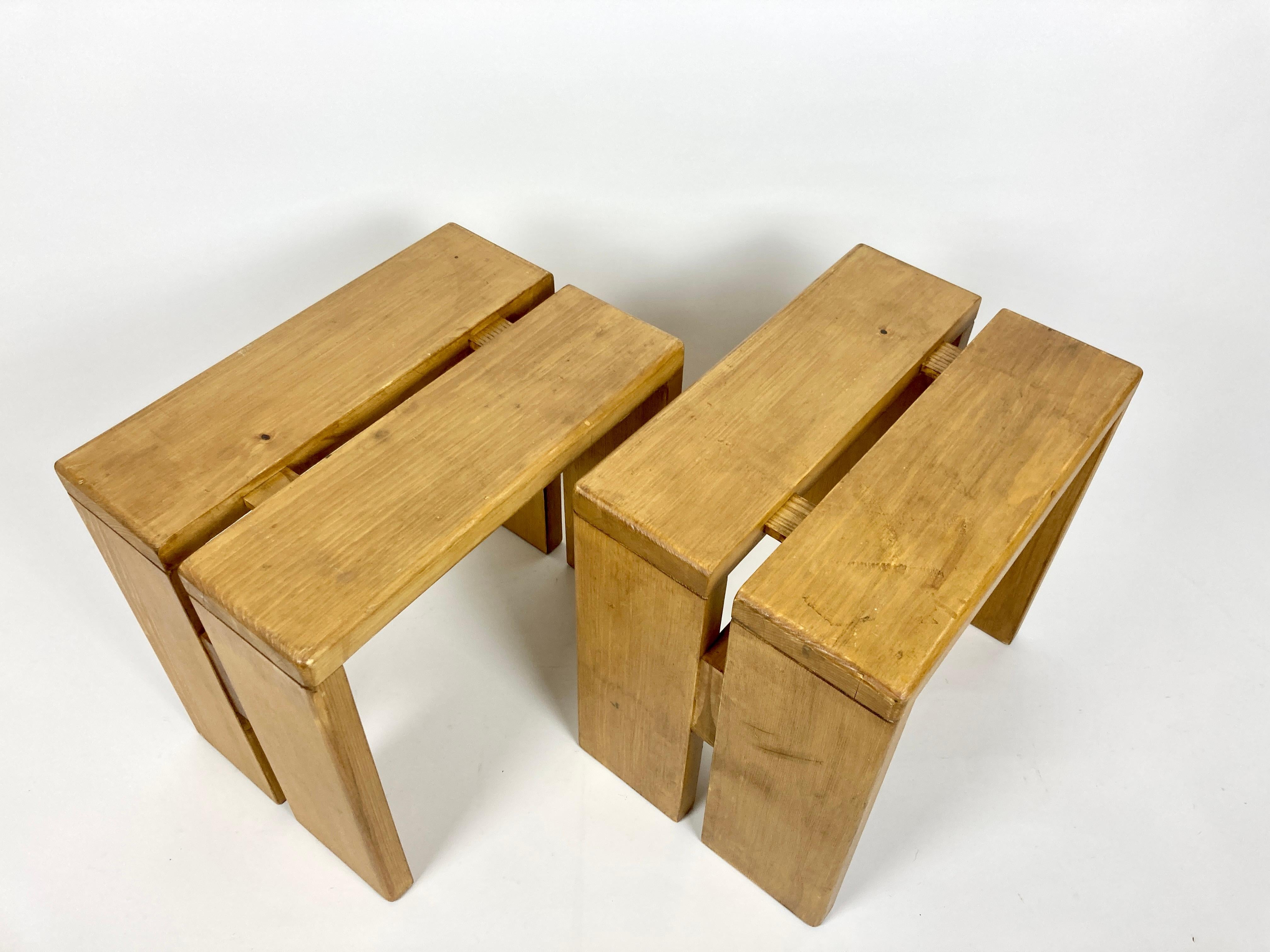 Set of 2 Stools/Side Tables from Les Arcs, France 1970s, Charlotte Perriand 2