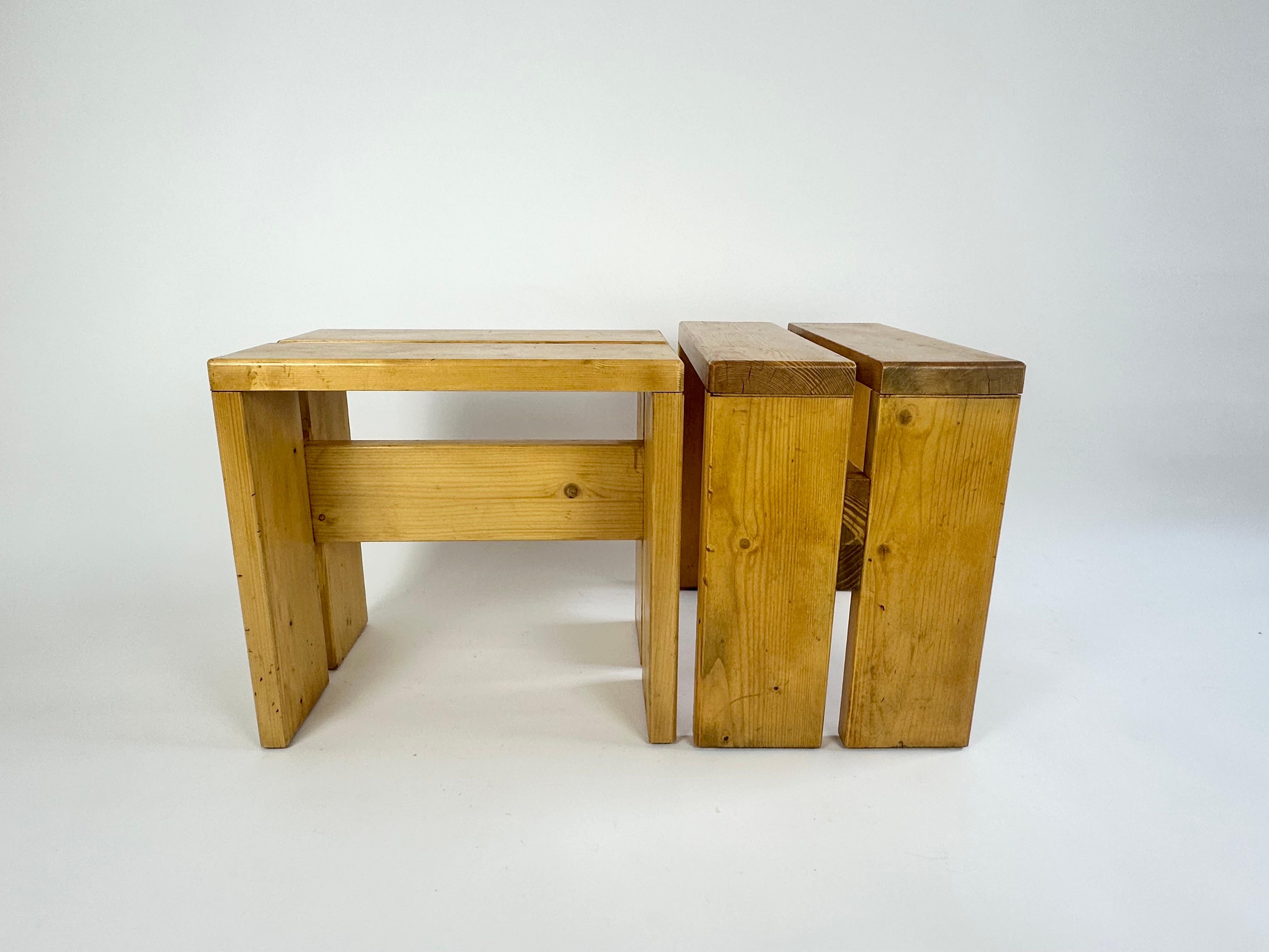 Set of 2 Stools/Side Tables from Les Arcs, France 1970s, Charlotte Perriand 2