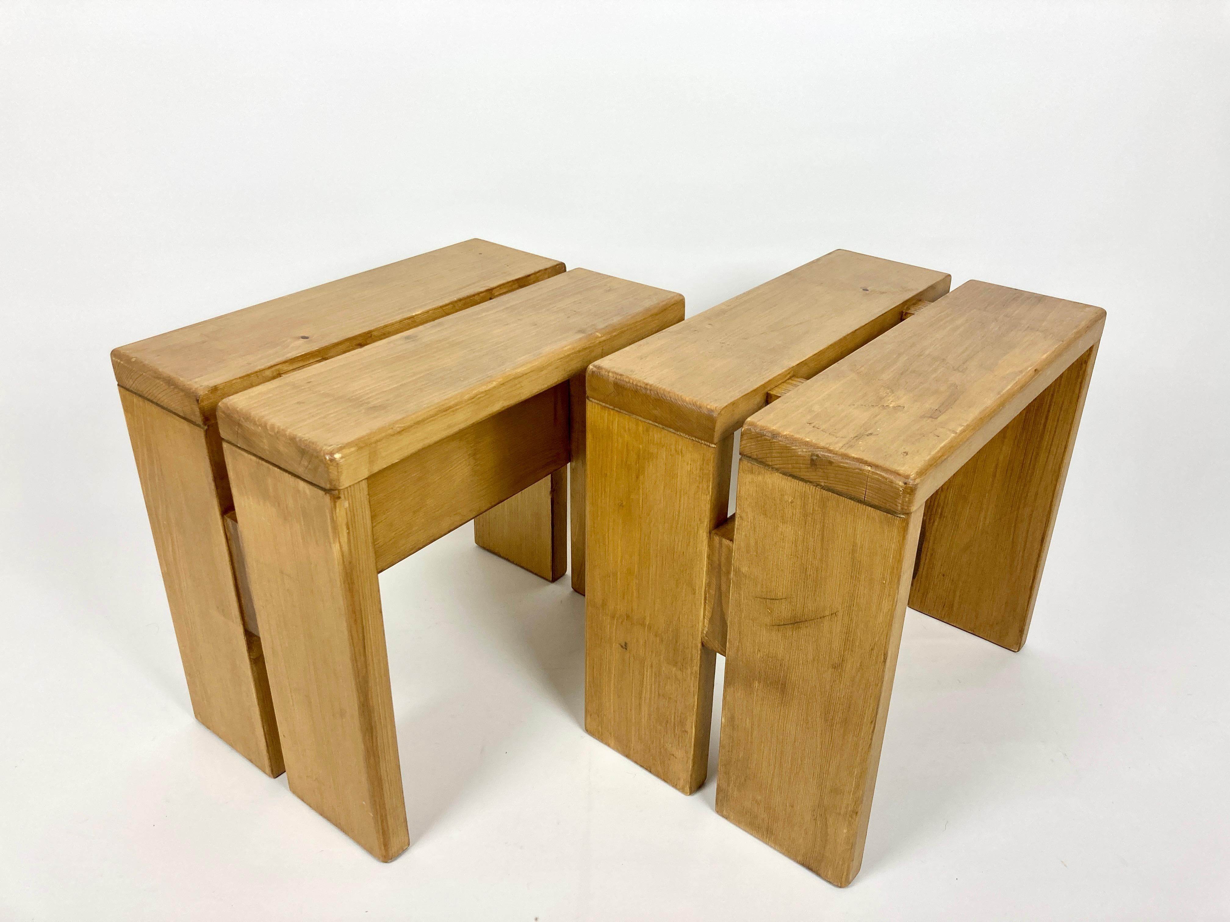 Set of 2 Stools/Side Tables from Les Arcs, France 1970s, Charlotte Perriand 3