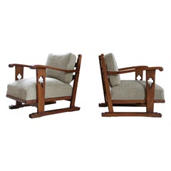 Set of 2 Story Book Dutch Brutalist Wabi Sabi Oak Lounge Chairs, circa 1945