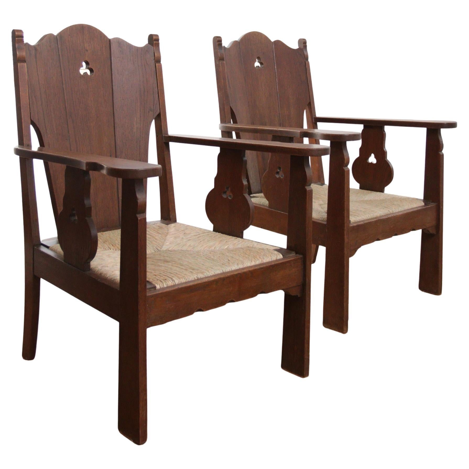 Set of 2 Story Book Dutch Brutalist Wabi Sabi Oak Rush Lounge Chairs, circa 1935