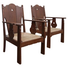 Vintage Set of 2 Story Book Dutch Brutalist Wabi Sabi Oak Rush Lounge Chairs, circa 1935