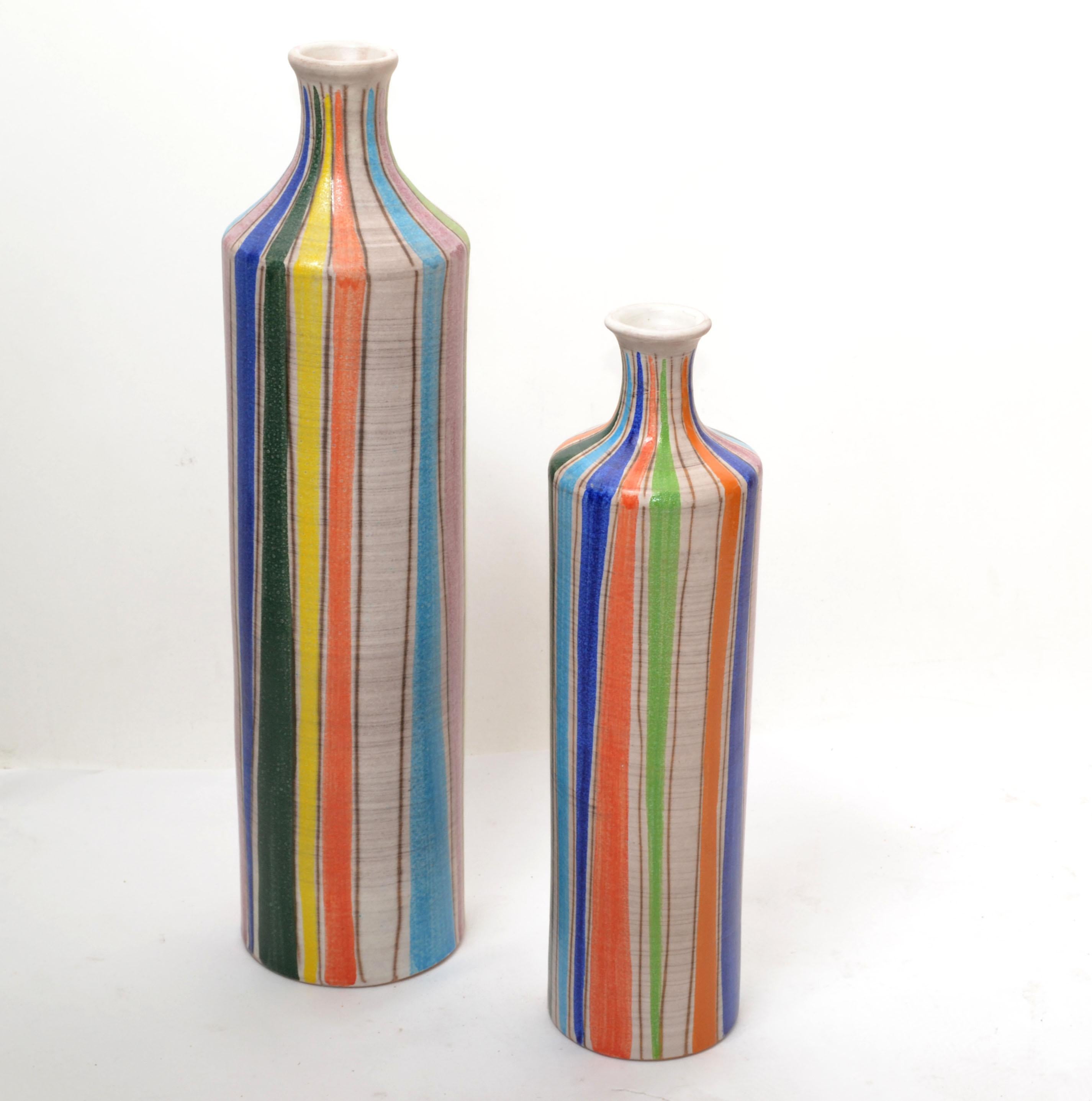 Set of 2 StudioA Italy Glazed Ceramic Bud Vases Striped Round Mid-Century Modern 8