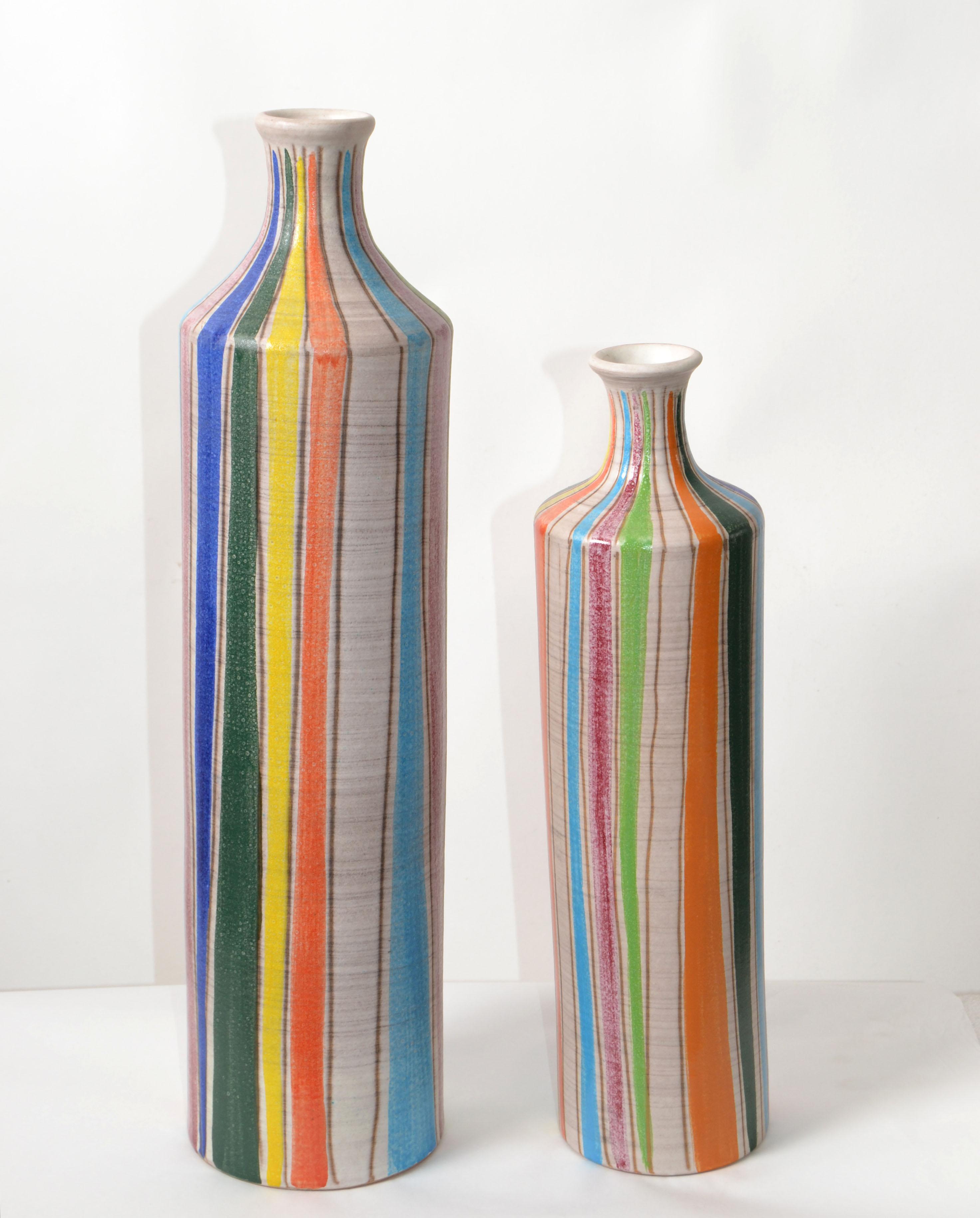 Italian Set of 2 StudioA Italy Glazed Ceramic Bud Vases Striped Round Mid-Century Modern