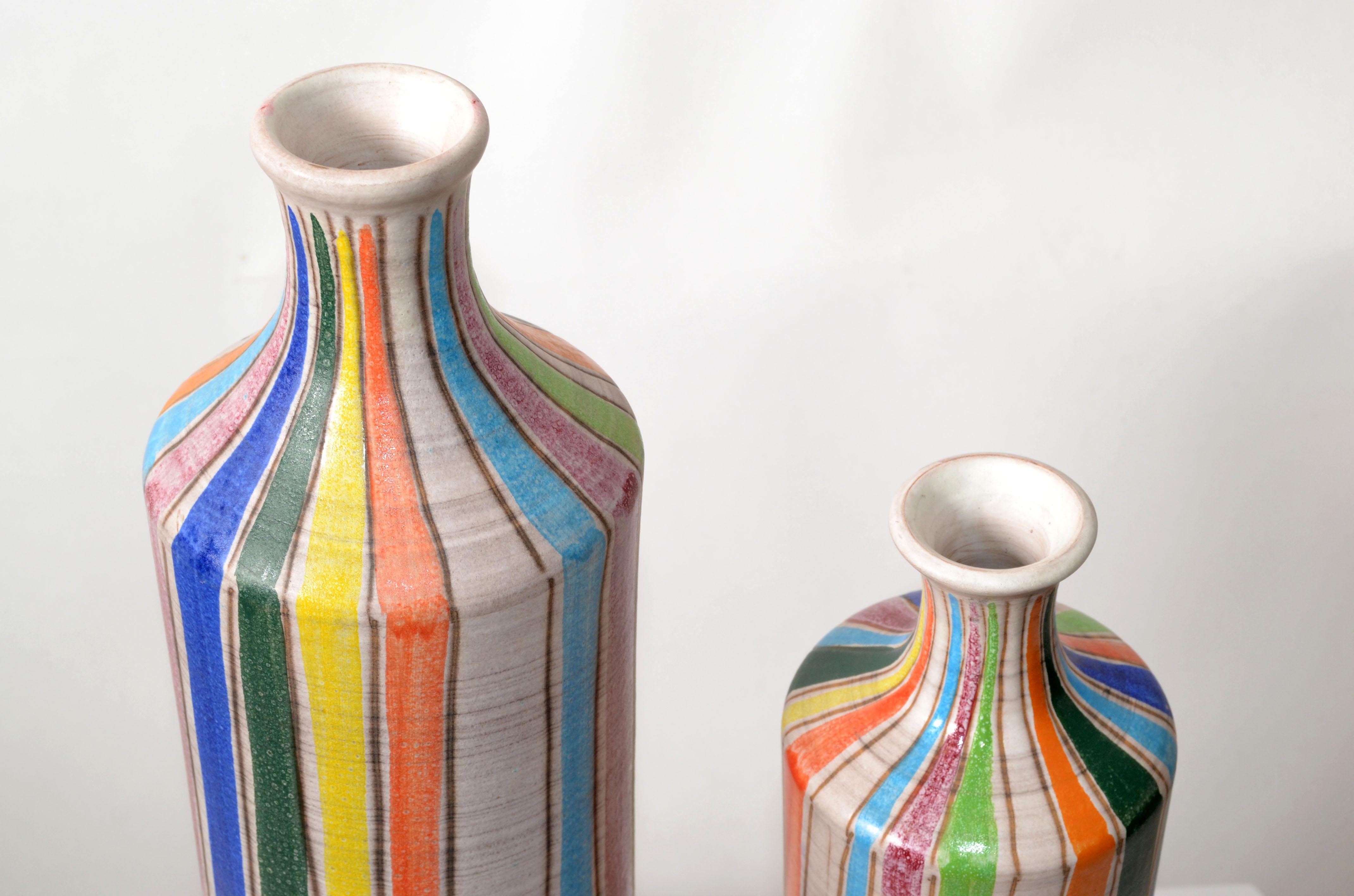 Set of 2 StudioA Italy Glazed Ceramic Bud Vases Striped Round Mid-Century Modern In Good Condition In Miami, FL