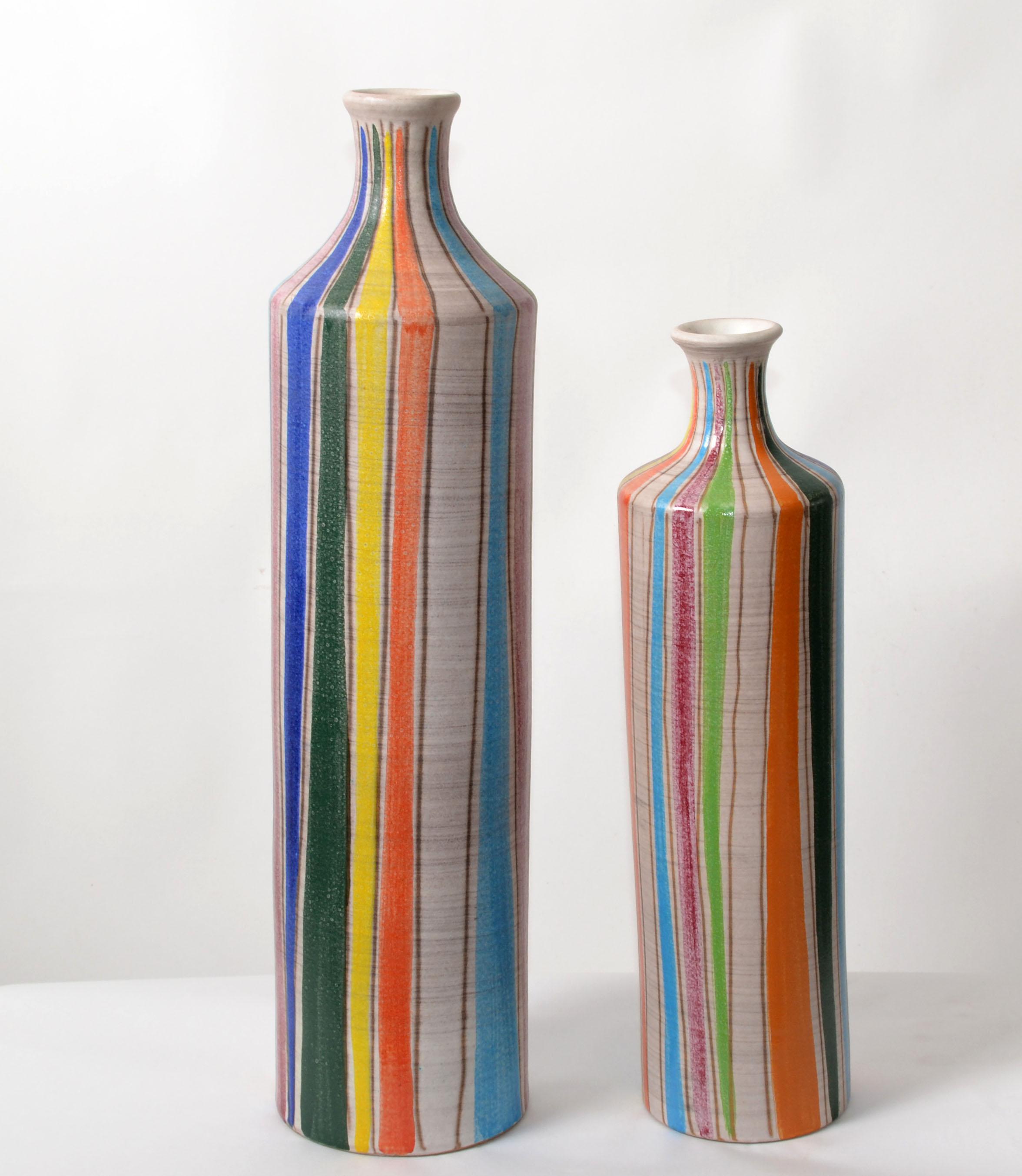 20th Century Set of 2 StudioA Italy Glazed Ceramic Bud Vases Striped Round Mid-Century Modern