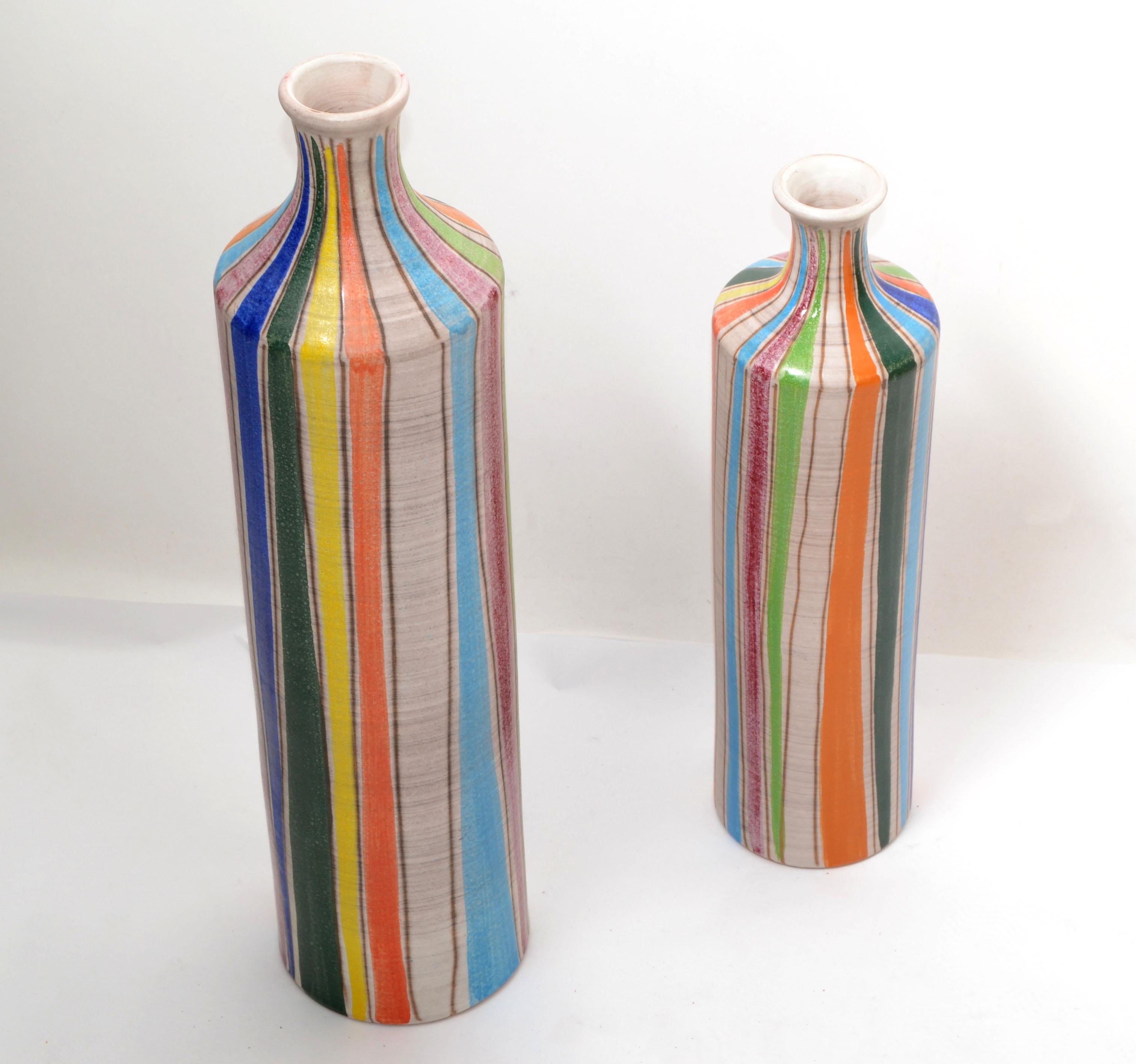 Set of 2 StudioA Italy Glazed Ceramic Bud Vases Striped Round Mid-Century Modern 1