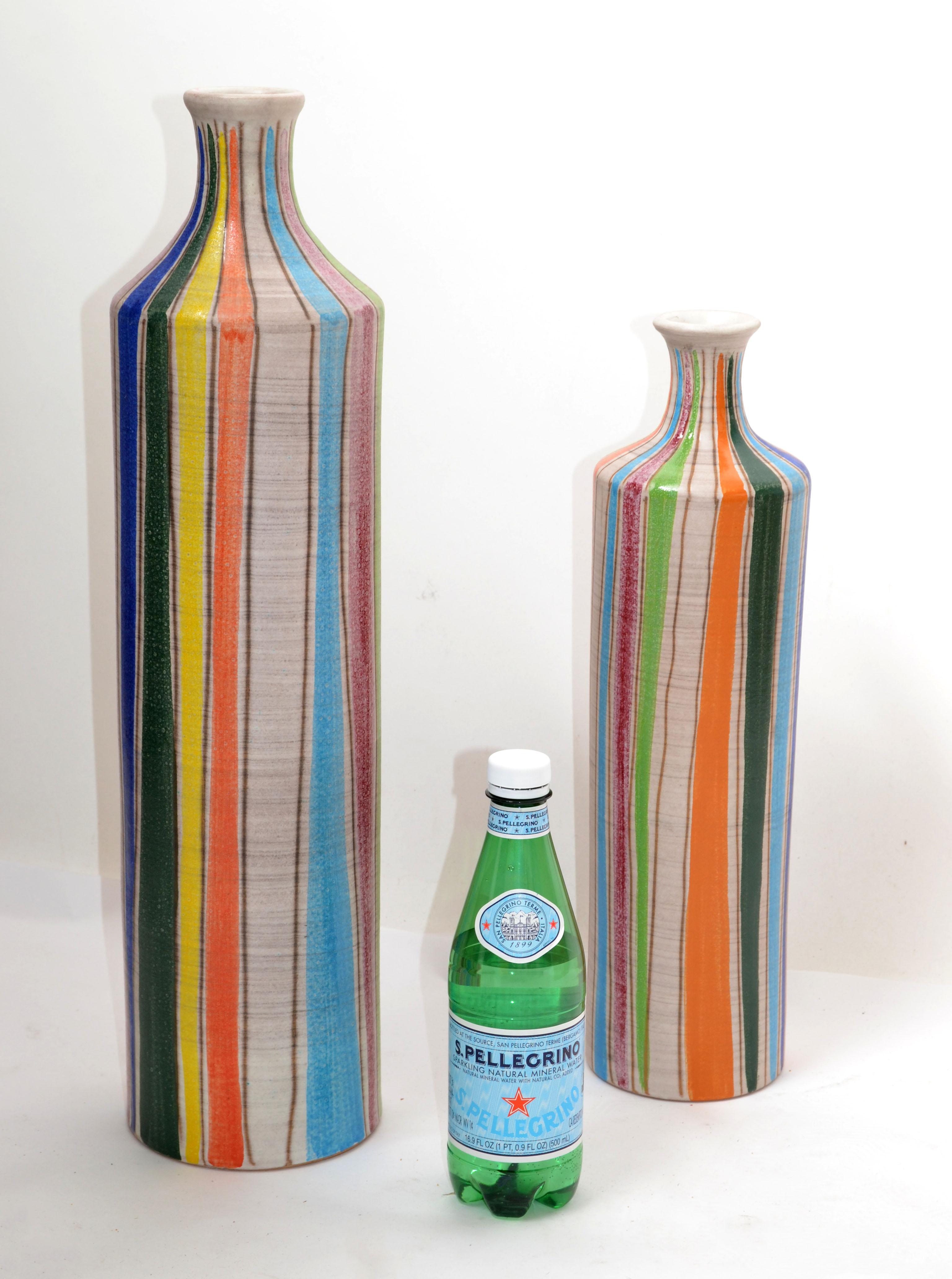 Set of 2 StudioA Italy Glazed Ceramic Bud Vases Striped Round Mid-Century Modern 2