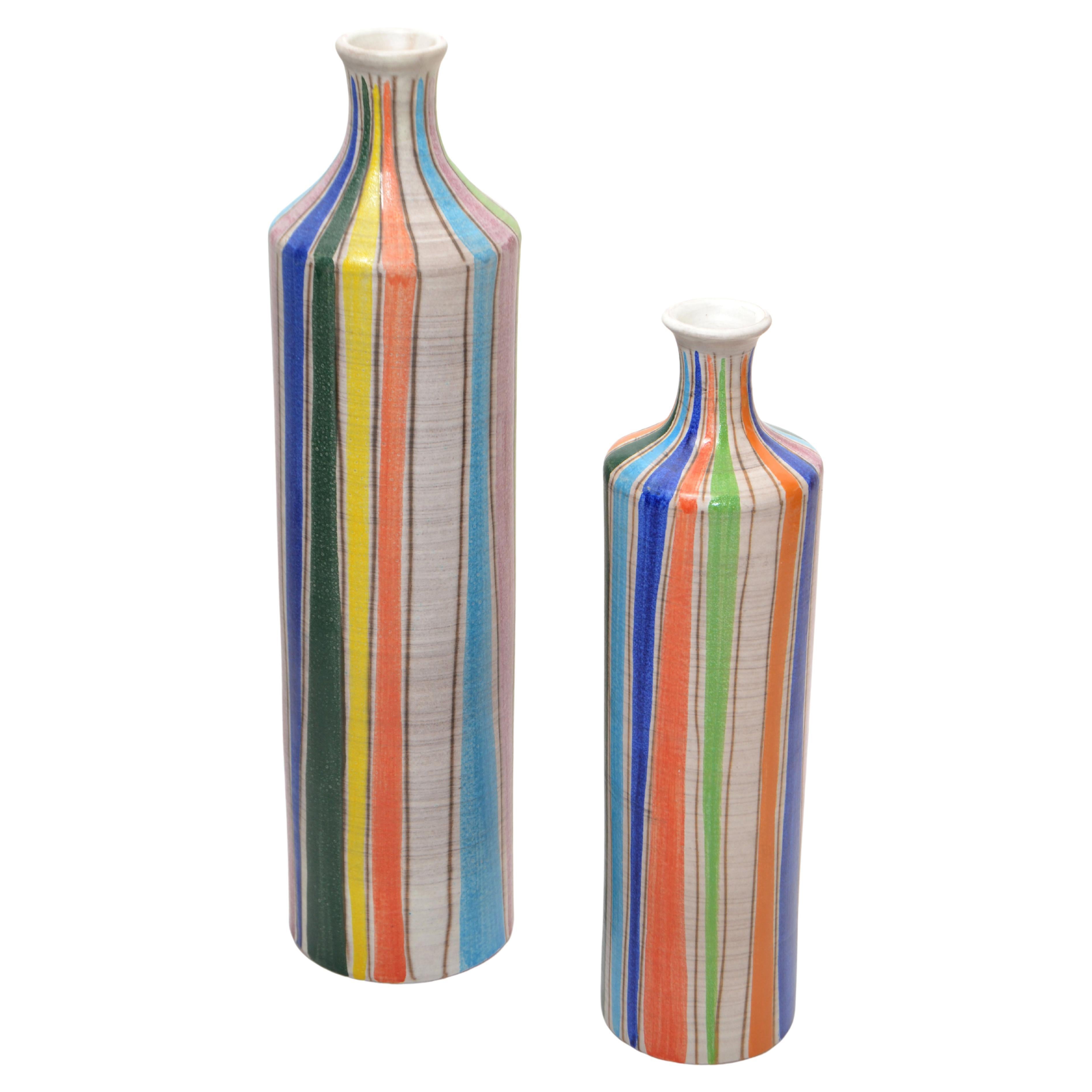 Set of 2 StudioA Italy Glazed Ceramic Bud Vases Striped Round Mid-Century Modern