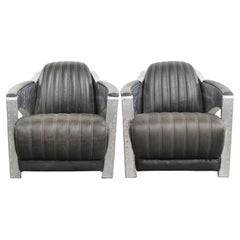 Set di 2 robuste poltrone in pelle di vacchetta nera in stile Aviator