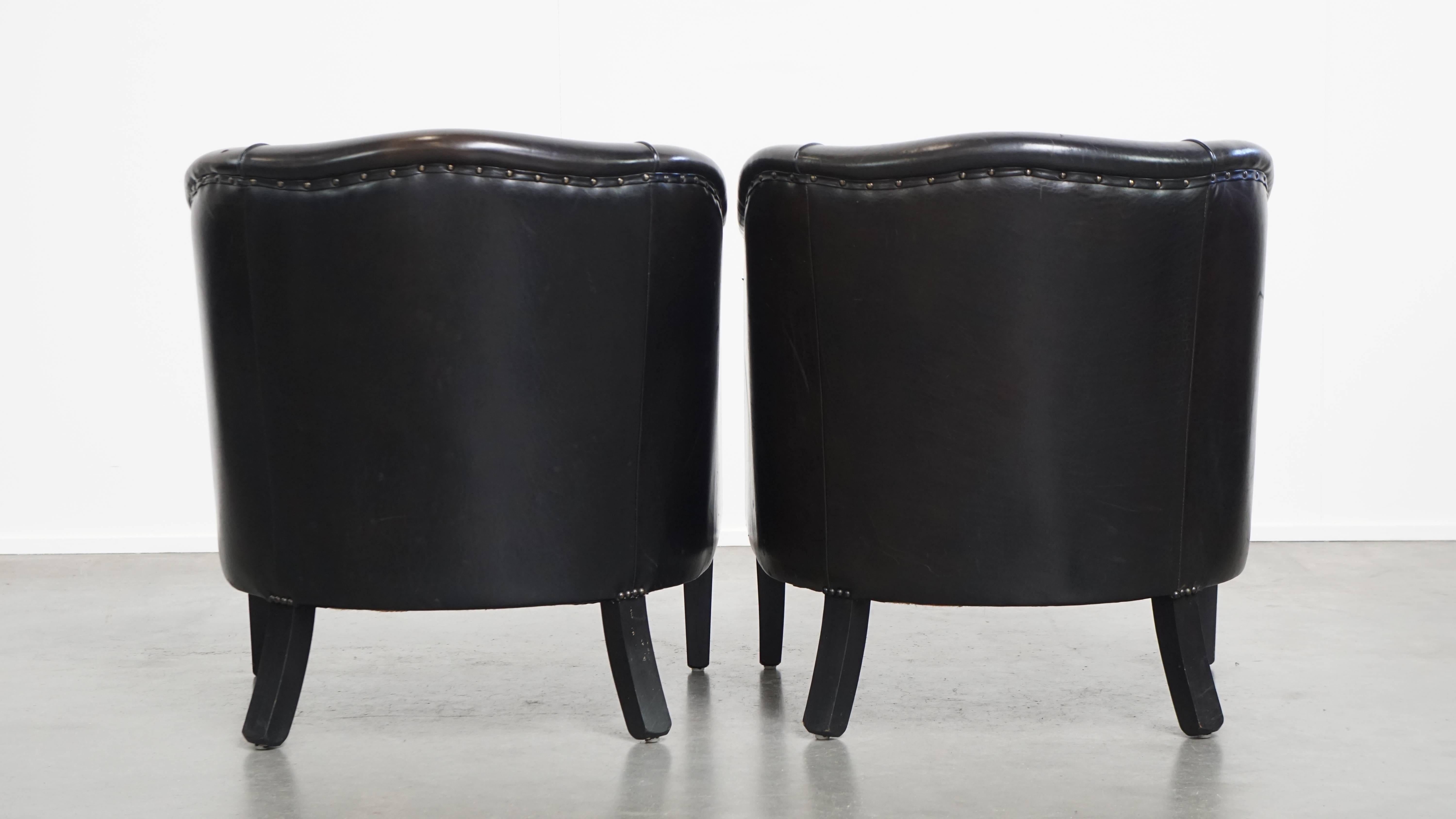Juego de 2 sillones club de piel de cordero sutil negro/gris Romano clásico en venta