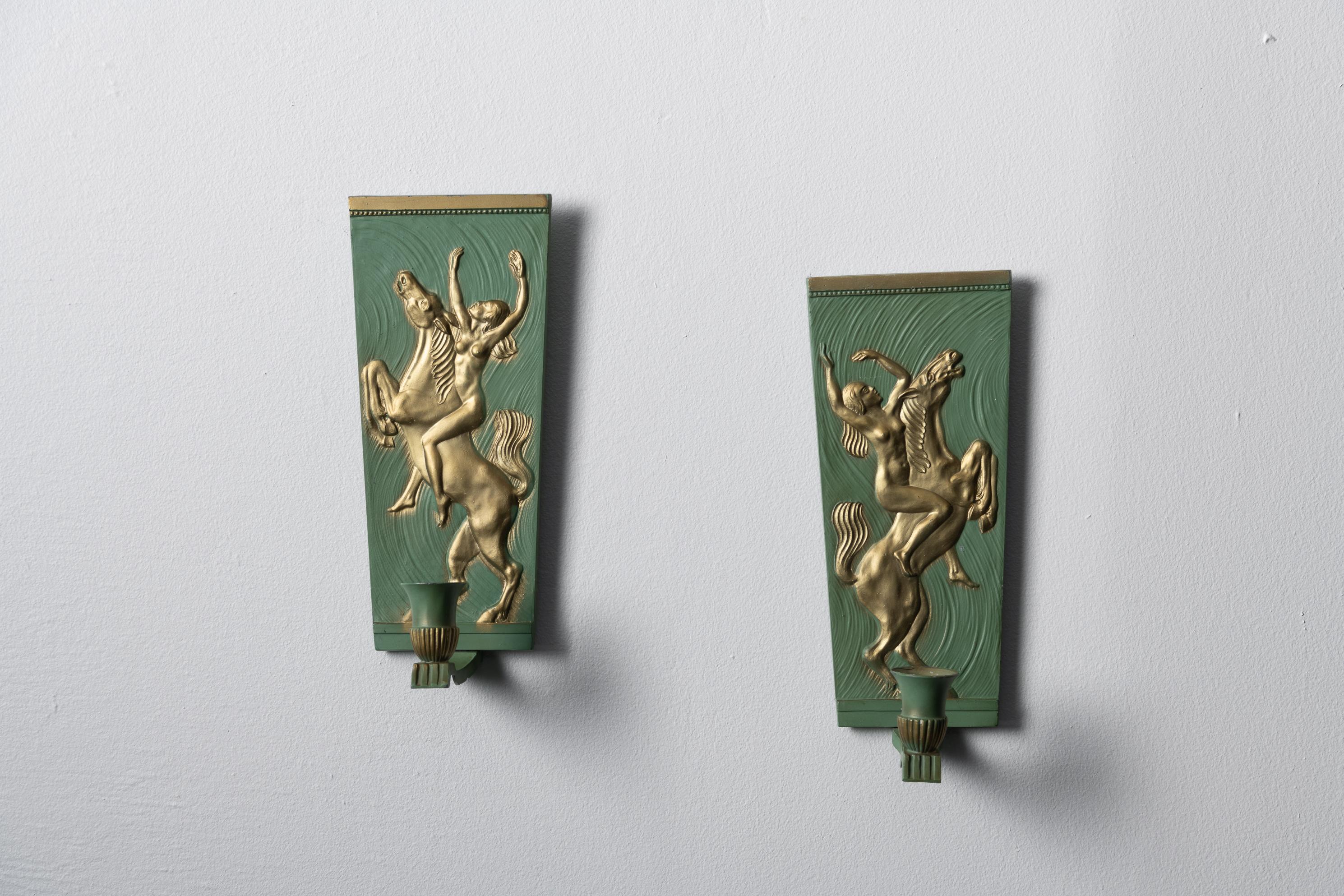 Set of 2 Swedish Art Deco Decorative Green and Gold Sconces In Good Condition For Sale In Kramfors, SE
