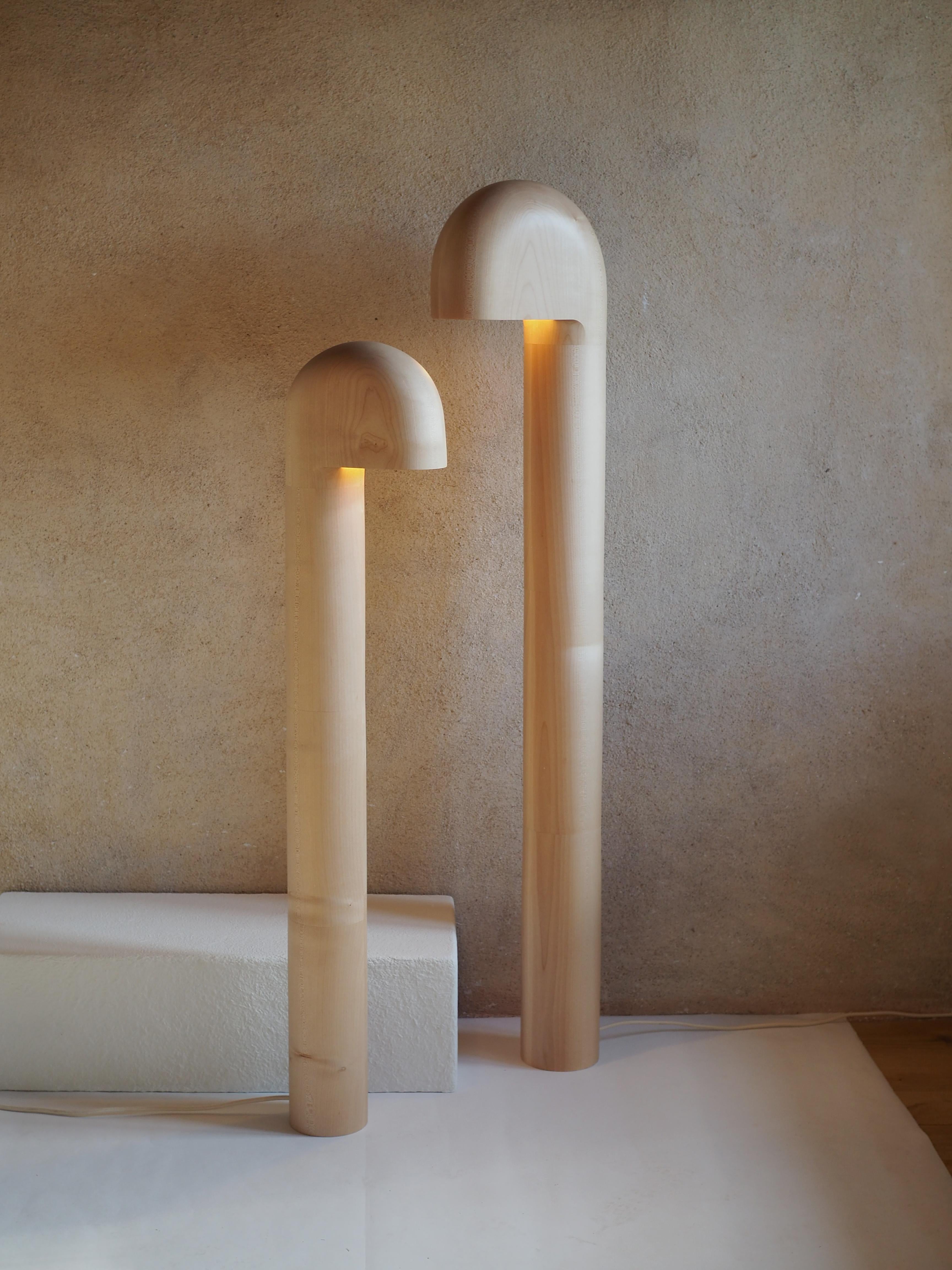 Set Of 2 Sycamore Maple Lampadaire Floor Lamps by Pauline Pietri
Unique Pieces.
Dimensions: Large: Ø 120 x H 280 cm. 
Small: Ø 110 x H 230 cm. 
Materials: Sycamore maple and natural oil.

All our lamps can be wired according to each country. If sold