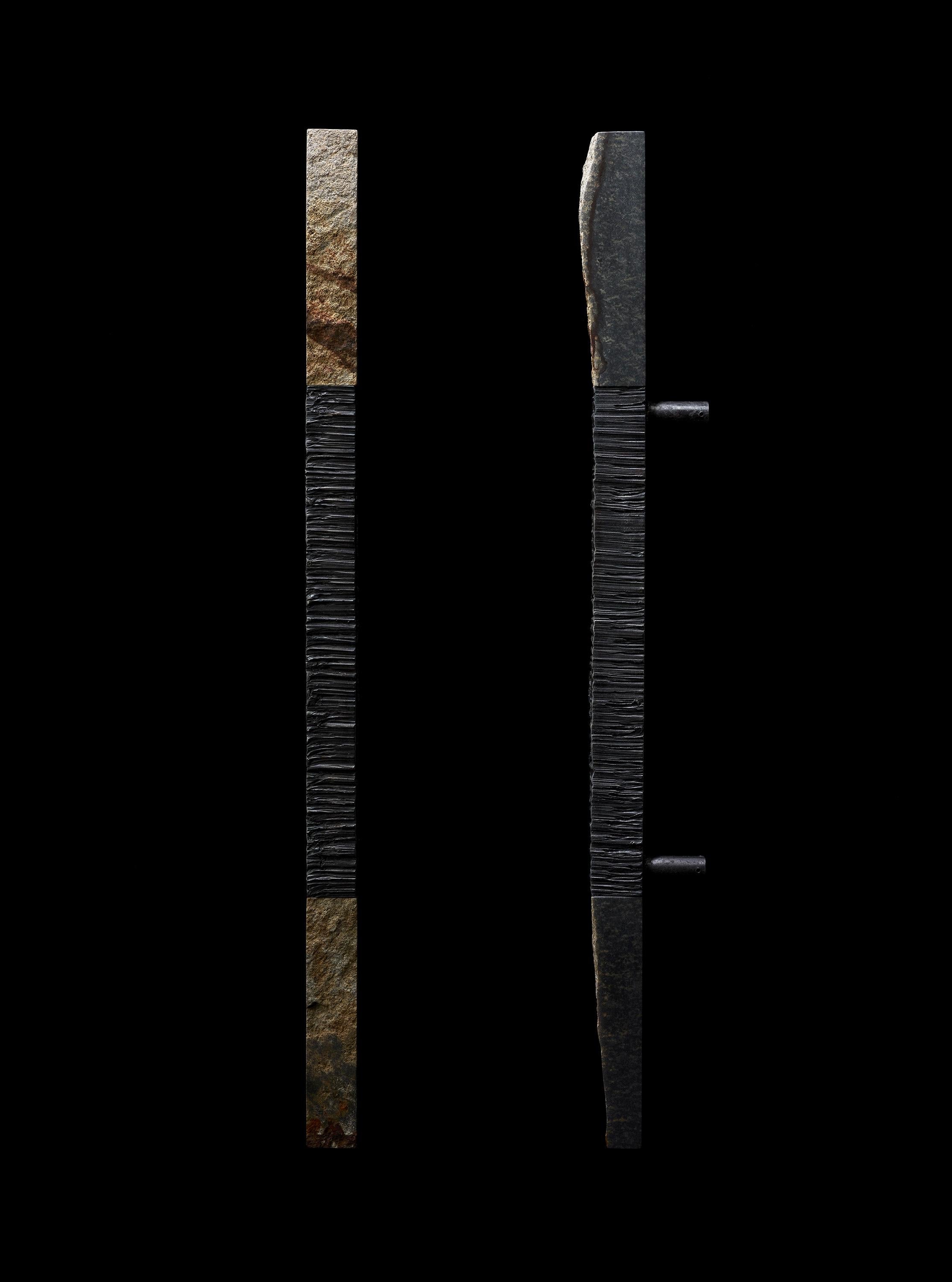 Set Of 2 T3 Sculptural Door Handles by Okurayama
One Of A Kind.
Dimensions: D 9 x W 4 x H 80 cm. 
Materials: Daté Kan Stone and iron.

The iron refined by craftsman Jun Tanaka is presented in the center providing a delicate side view with an