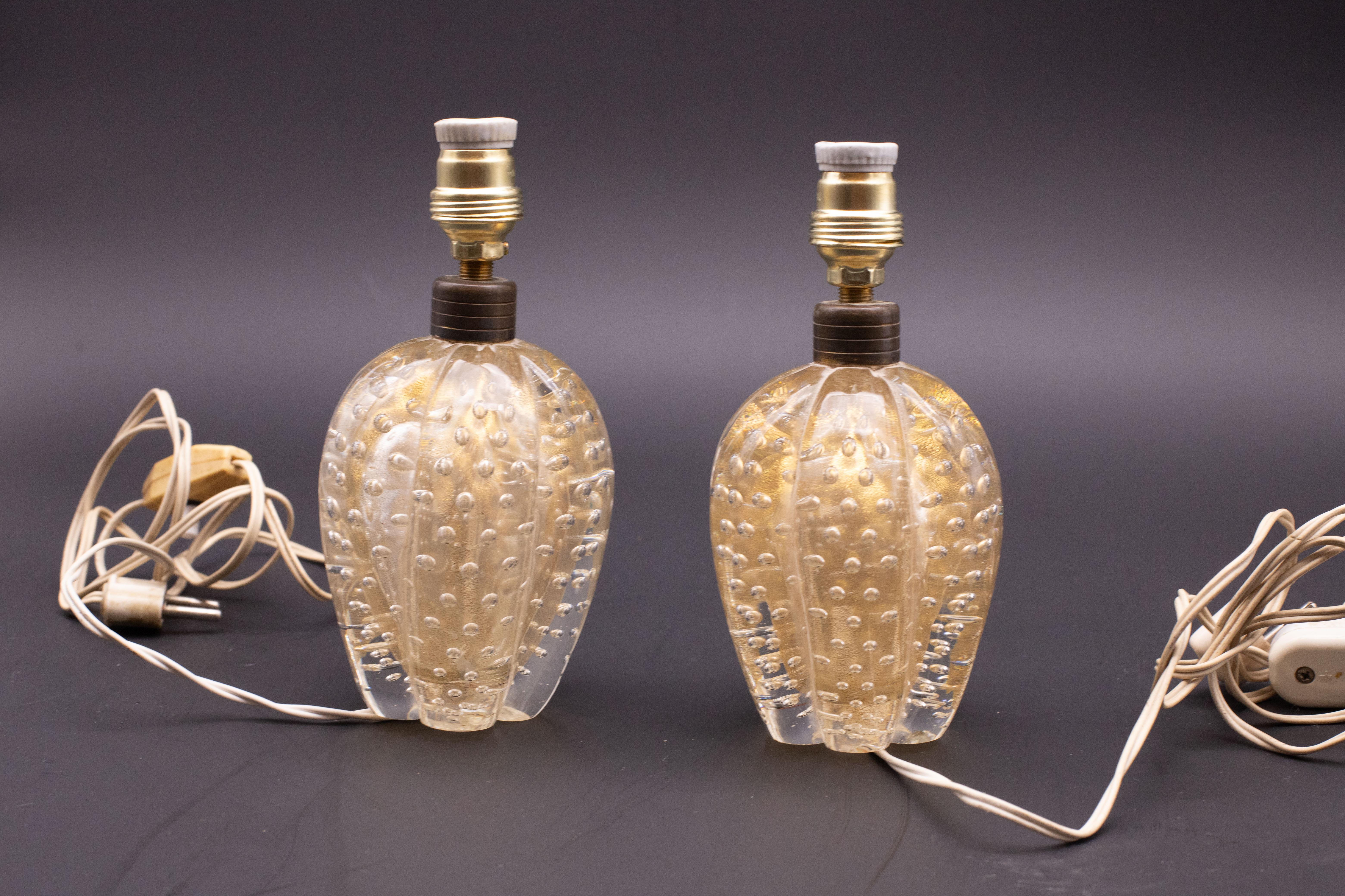 Set of 2 Table Lamp Art Decò by Barovier e Toso, Murano Gold Bubble Glass, 1950s For Sale 5