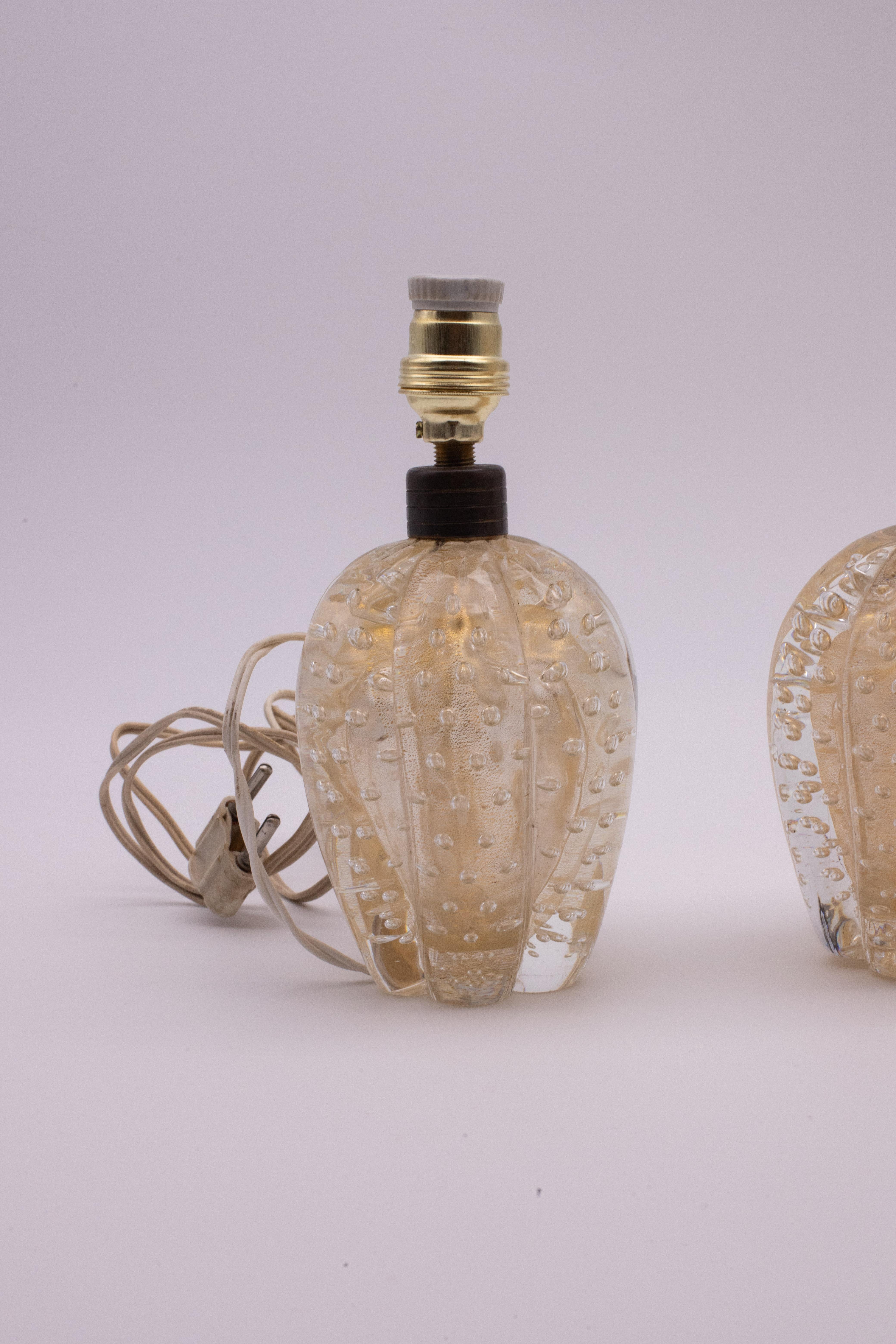 Set of 2 Table Lamp Art Decò by Barovier e Toso, Murano Gold Bubble Glass, 1950s For Sale 6