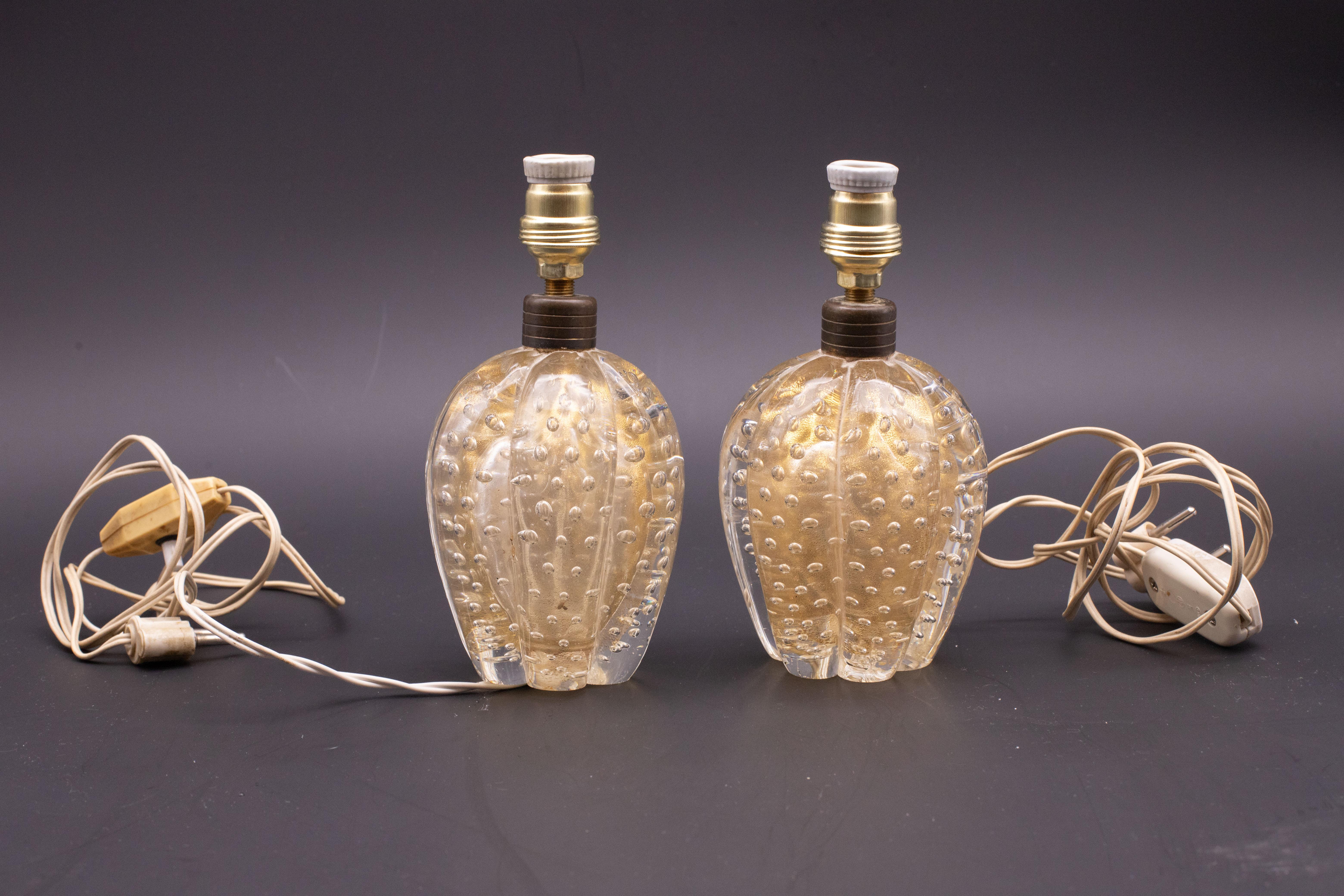 Set of 2 Table Lamp Art Decò by Barovier e Toso, Murano Gold Bubble Glass, 1950s In Good Condition For Sale In Roma, IT