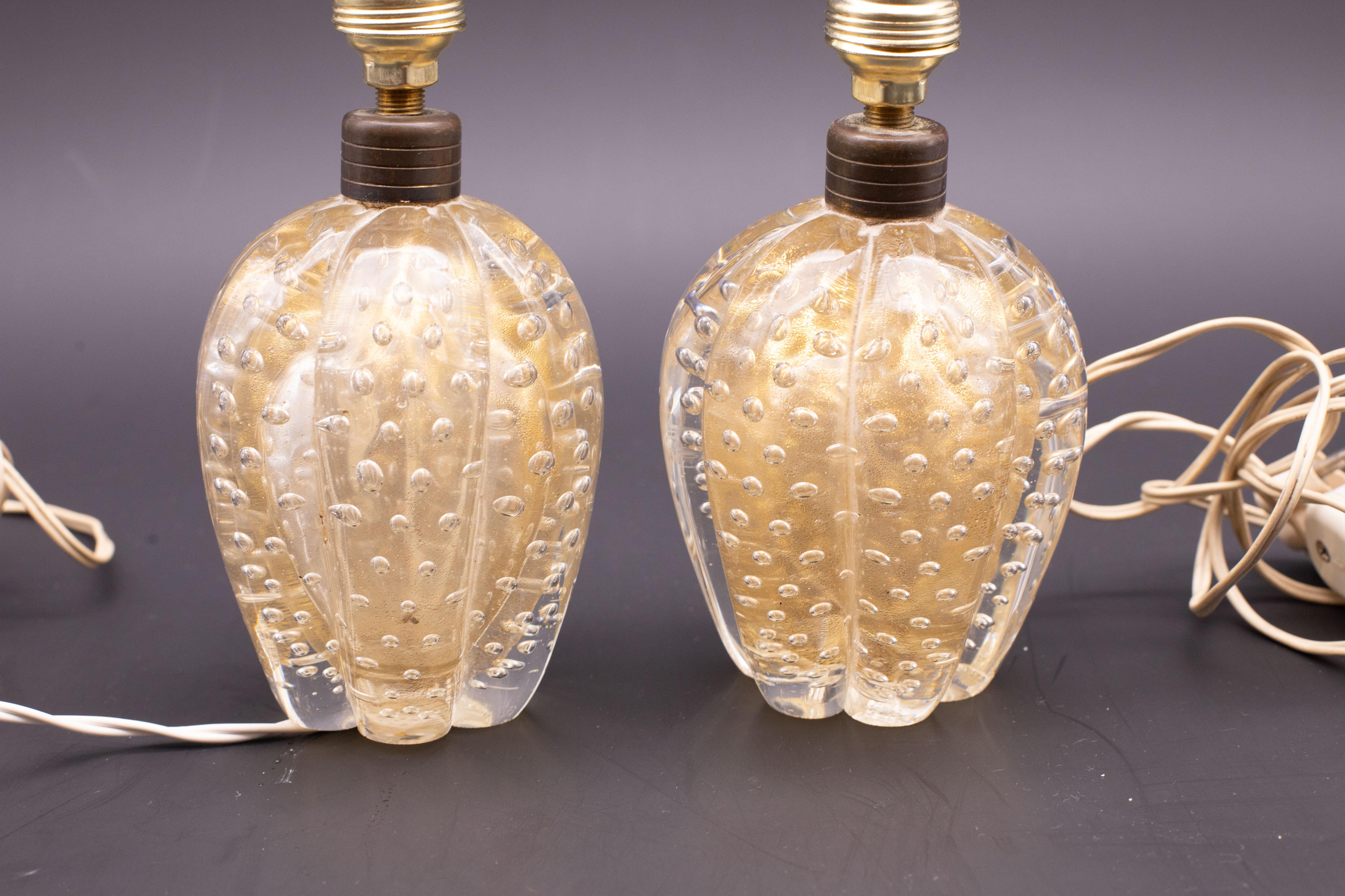 Murano Glass Set of 2 Table Lamp Art Decò by Barovier e Toso, Murano Gold Bubble Glass, 1950s For Sale