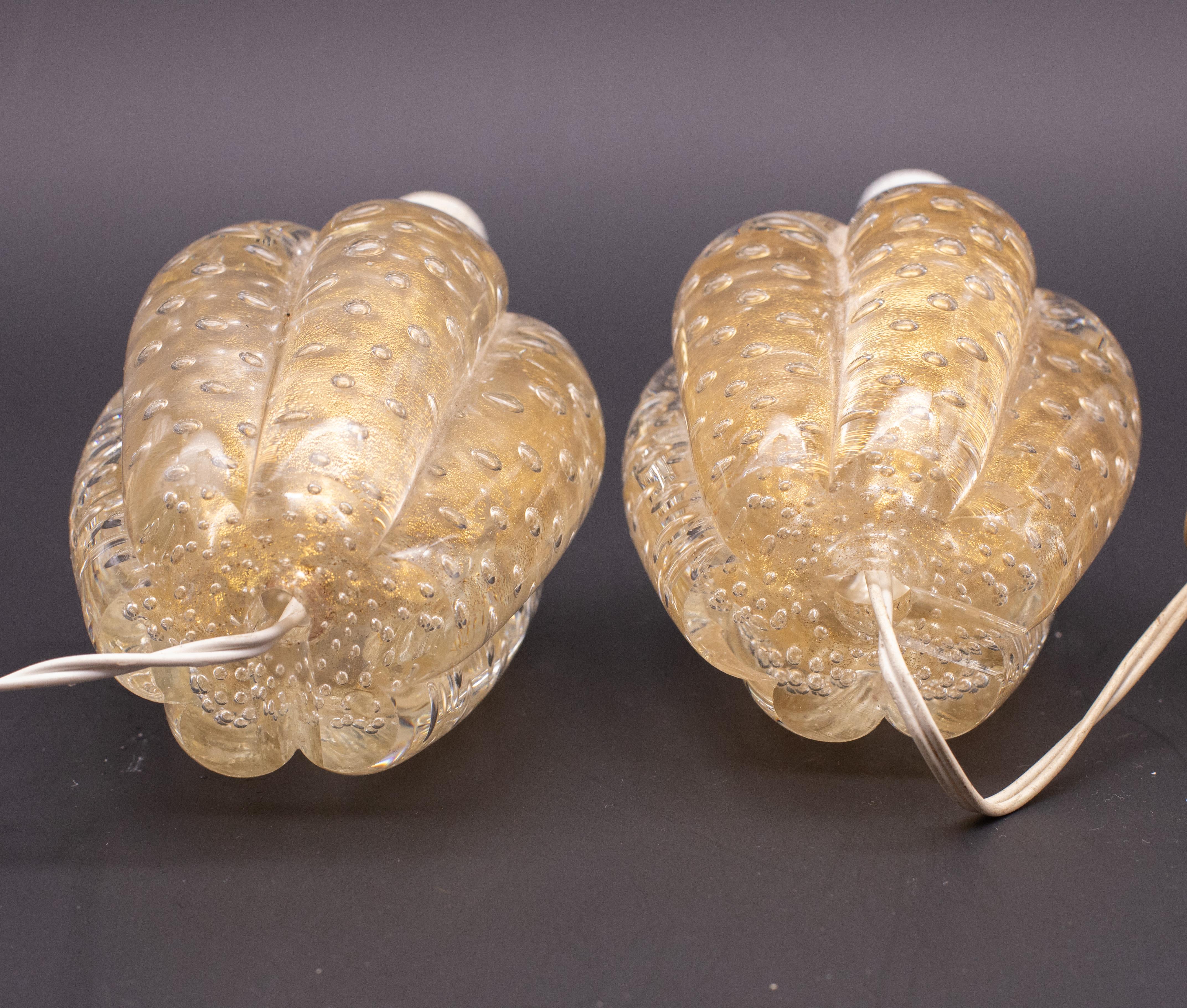 Set of 2 Table Lamp Art Decò by Barovier e Toso, Murano Gold Bubble Glass, 1950s For Sale 1