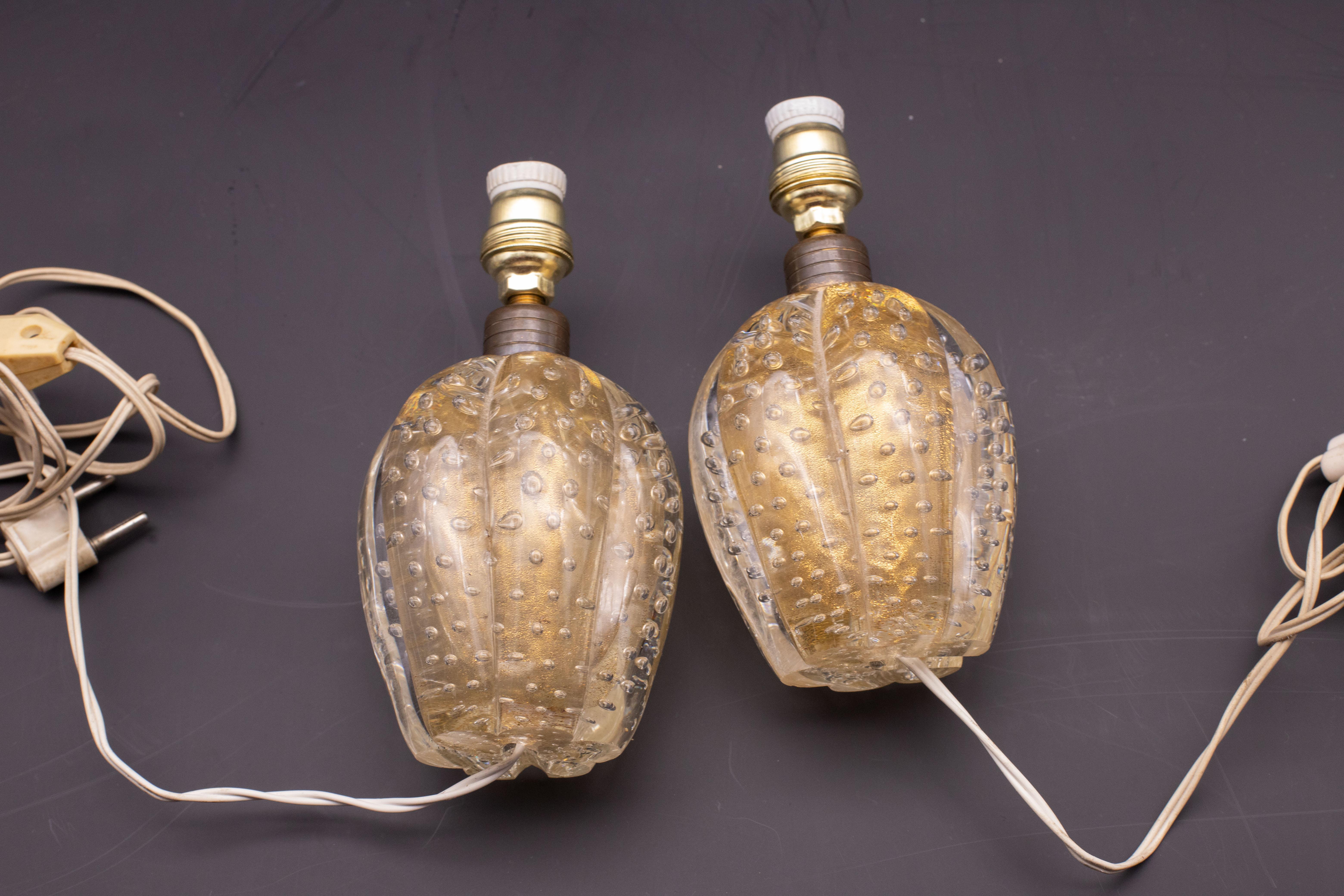 Set of 2 Table Lamp Art Decò by Barovier e Toso, Murano Gold Bubble Glass, 1950s For Sale 3